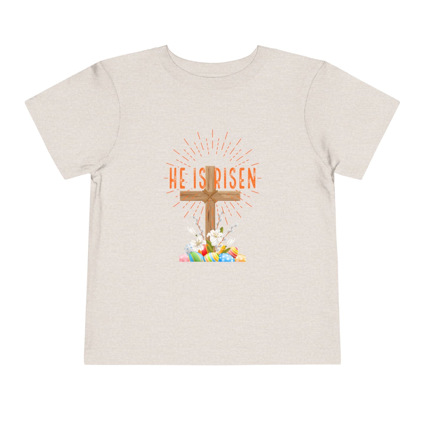 Toddler Tee — "He Is Risen" Easter Cross & Happy Easter Pastel Design