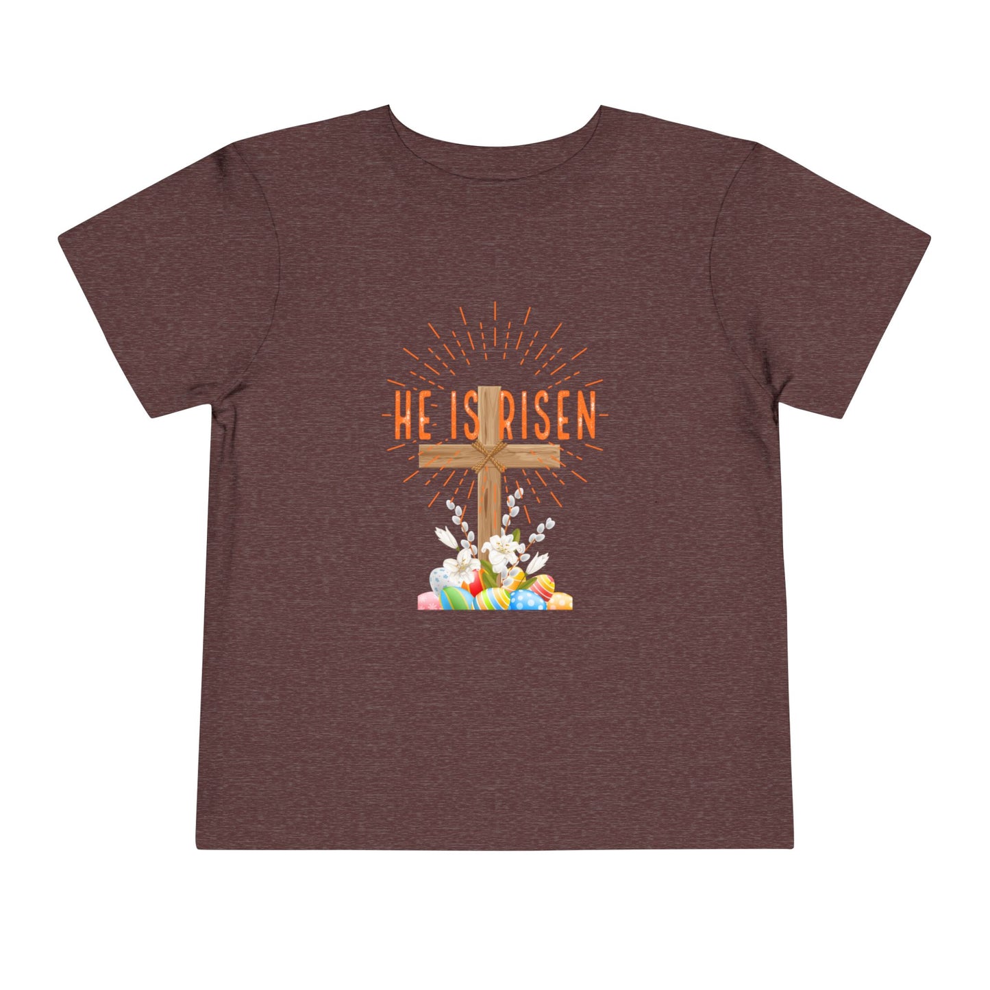 Toddler Tee — "He Is Risen" Easter Cross & Happy Easter Pastel Design