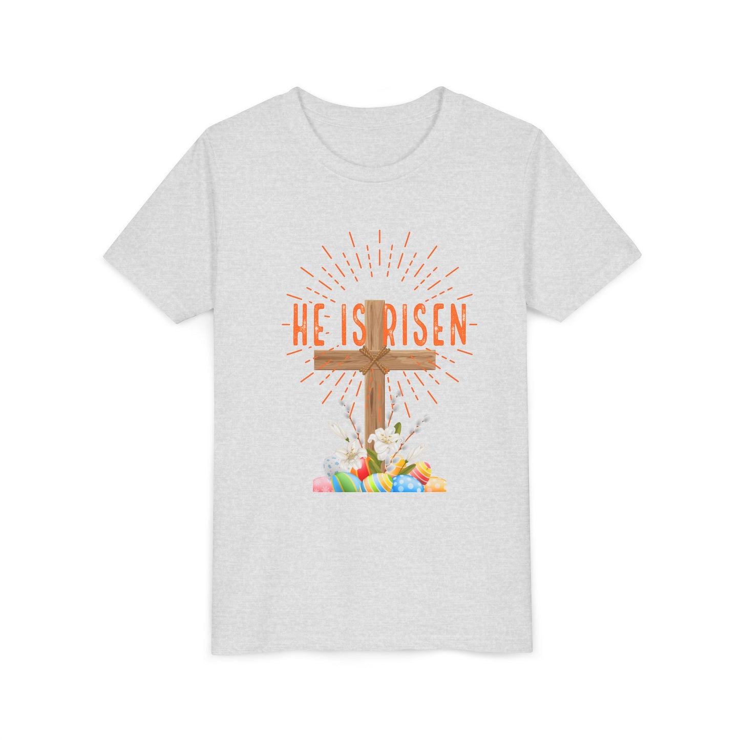 Youth Easter Tee — 'He Is Risen' Cross & 'Happy Easter' Pastel Kids Shirt