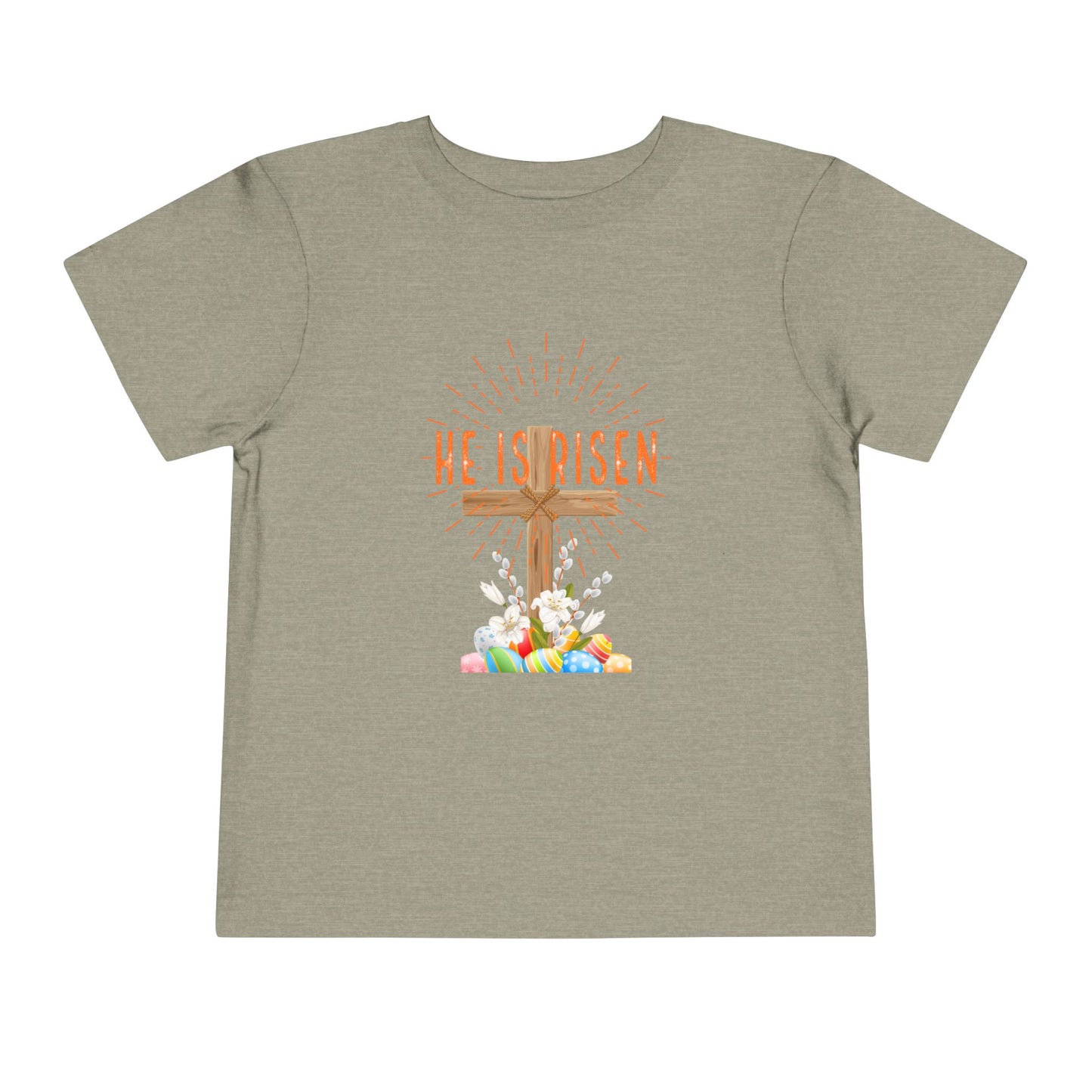 Toddler Tee — "He Is Risen" Easter Cross & Happy Easter Pastel Design