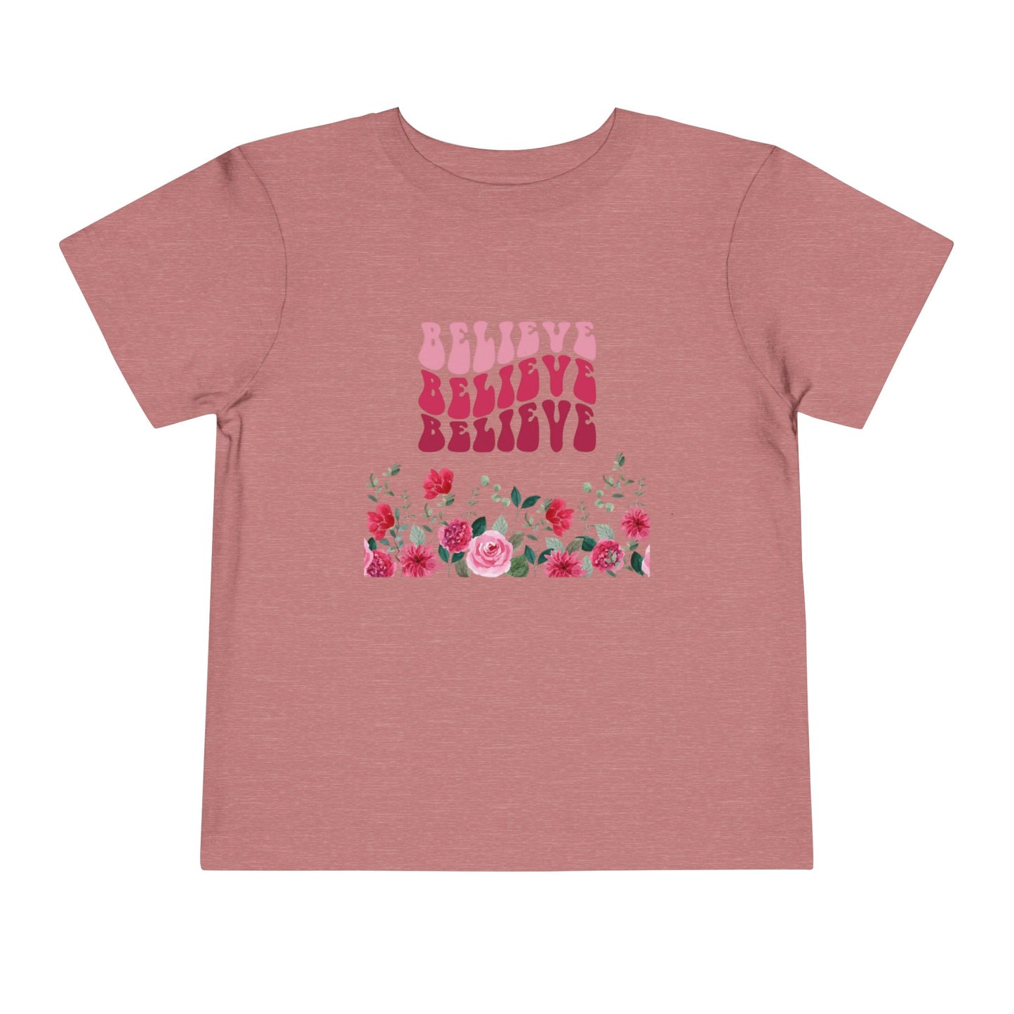 Believe Floral Toddler Tee — Pink Retro Script & Rose Bouquet