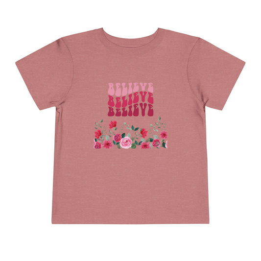 Believe Floral Toddler Tee — Pink Retro Script & Rose Bouquet