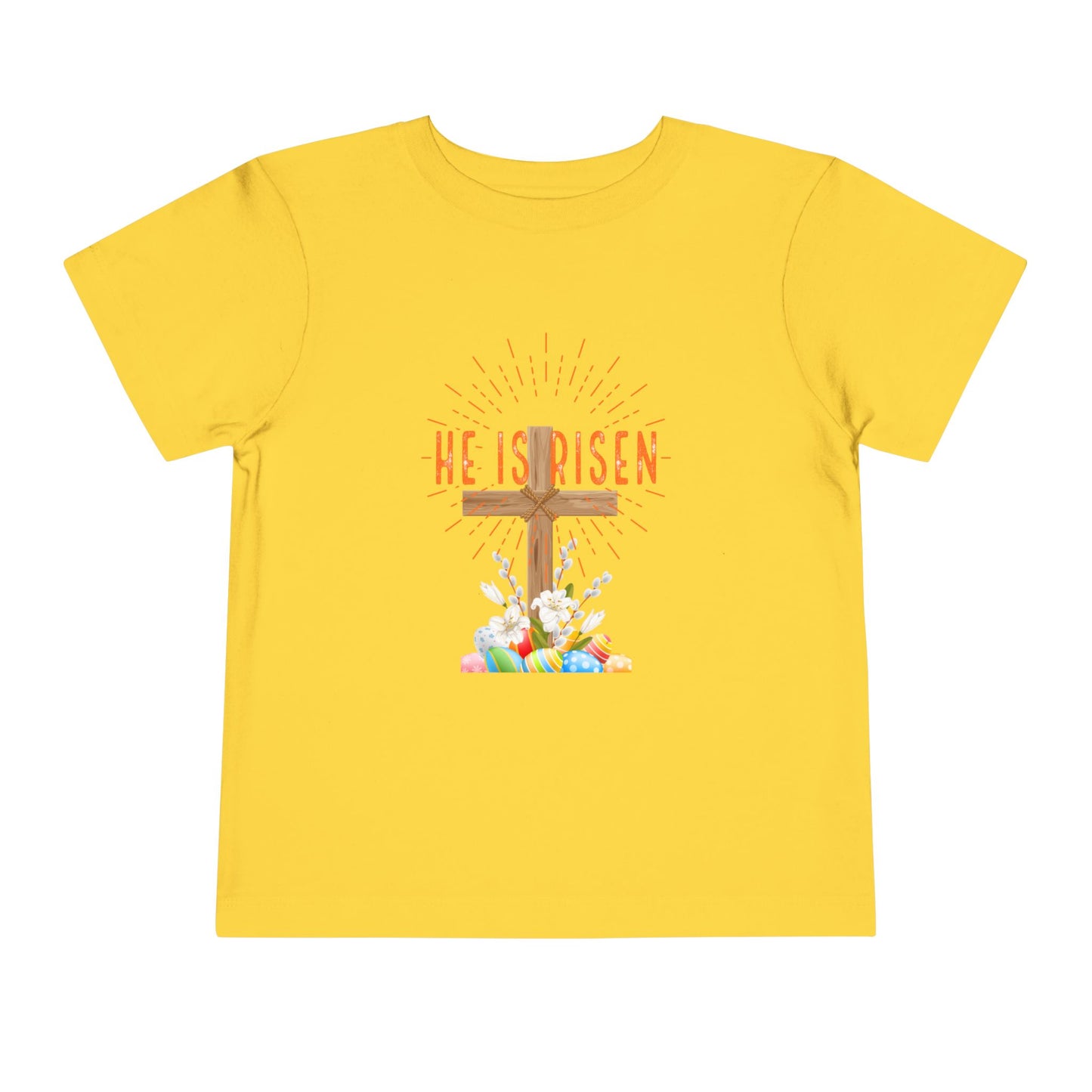 Toddler Tee — "He Is Risen" Easter Cross & Happy Easter Pastel Design