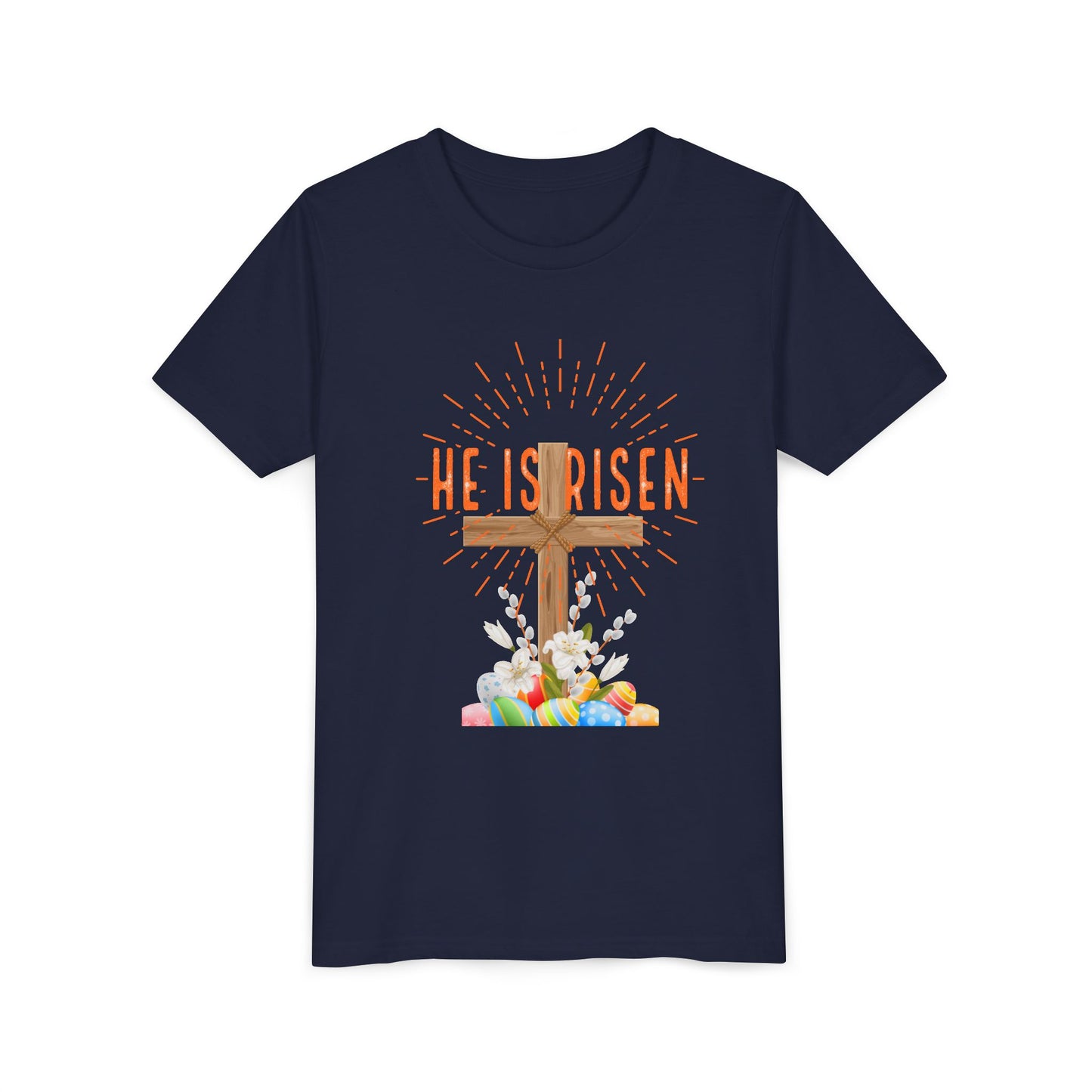 Youth Easter Tee — 'He Is Risen' Cross & 'Happy Easter' Pastel Kids Shirt