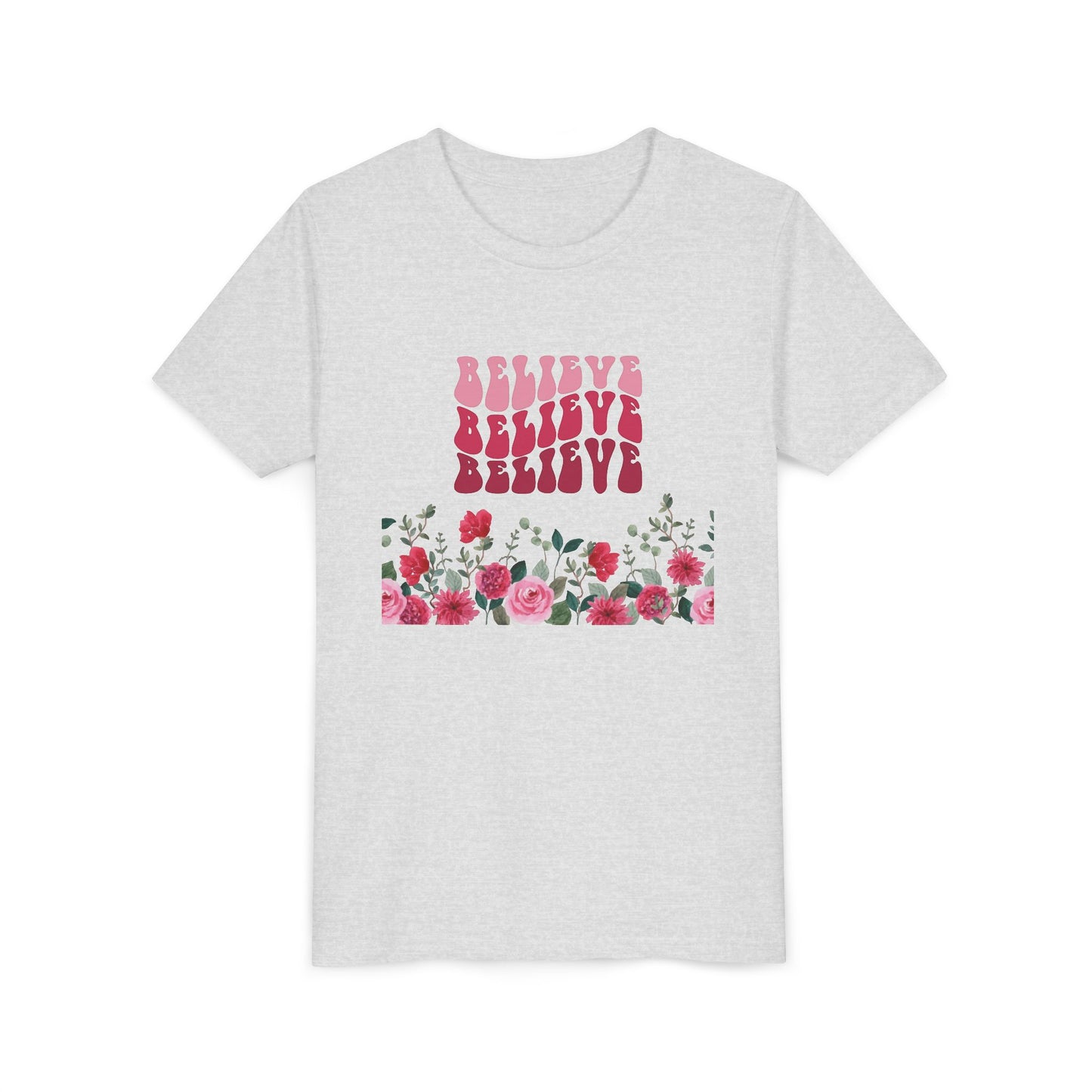 Youth Tee-- "Believe" Floral Graphic Christian Worship Shirt