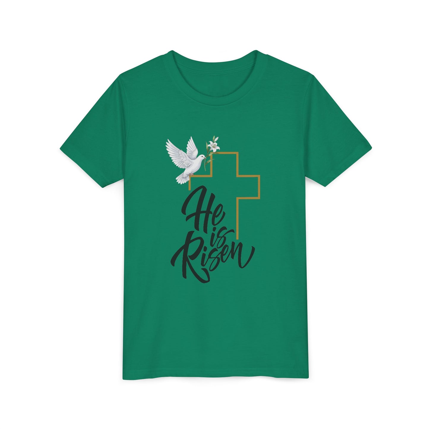 He Is Risen Youth Tee — Easter Cross & Dove Christian Kids Shirt