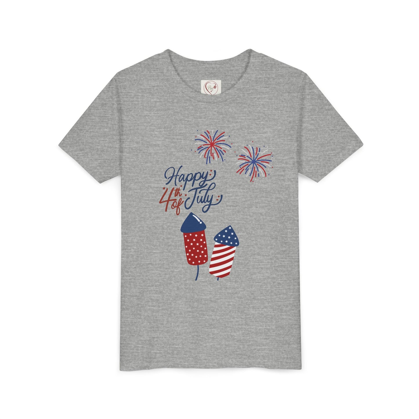 Youth Tee – “Happy 4th of July” Fireworks & American Flag Rocket Kids Shirt