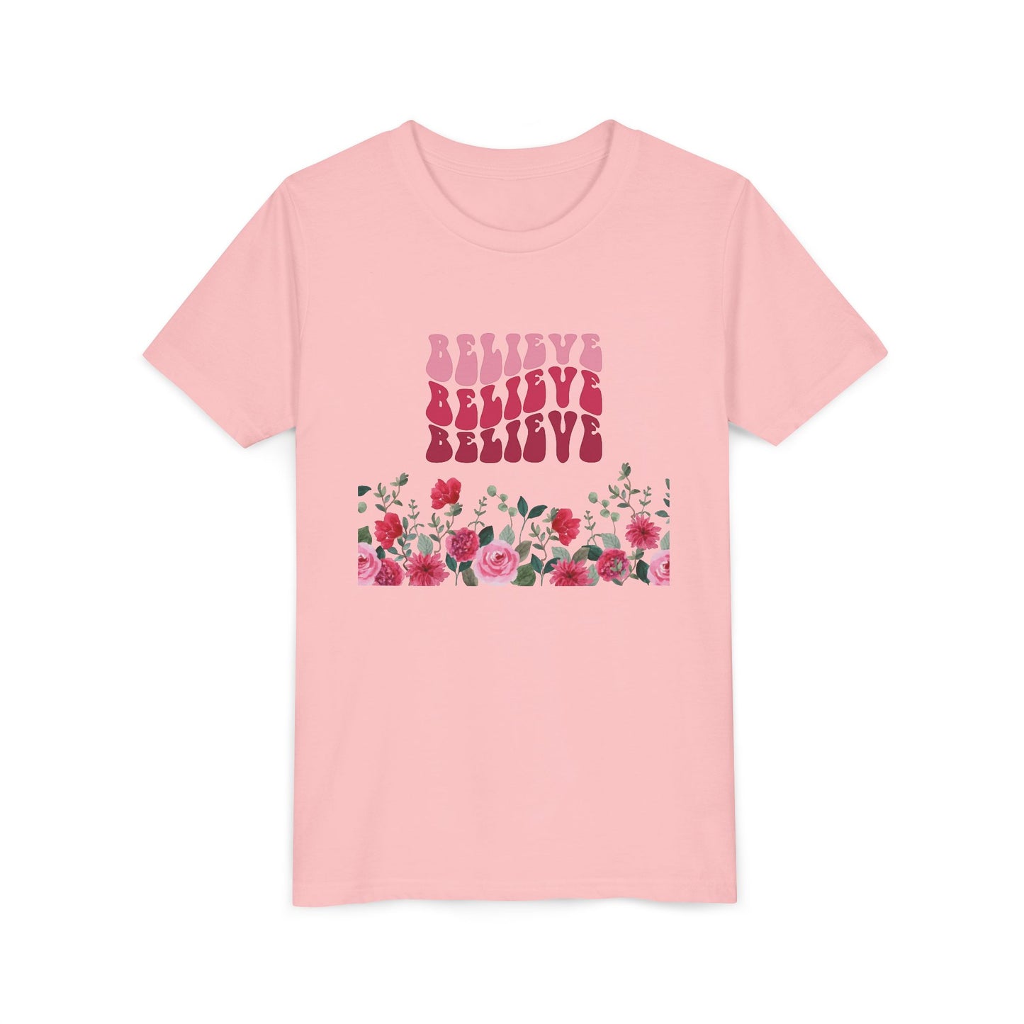Youth Tee-- "Believe" Floral Graphic Christian Worship Shirt