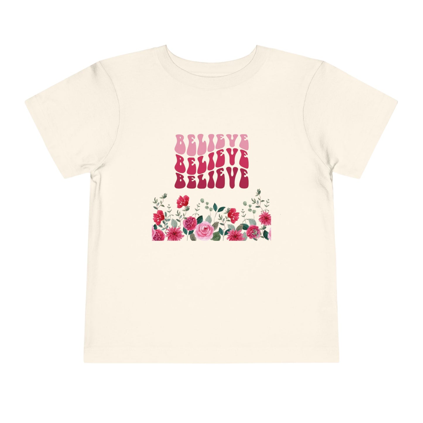 Believe Floral Toddler Tee — Pink Retro Script & Rose Bouquet
