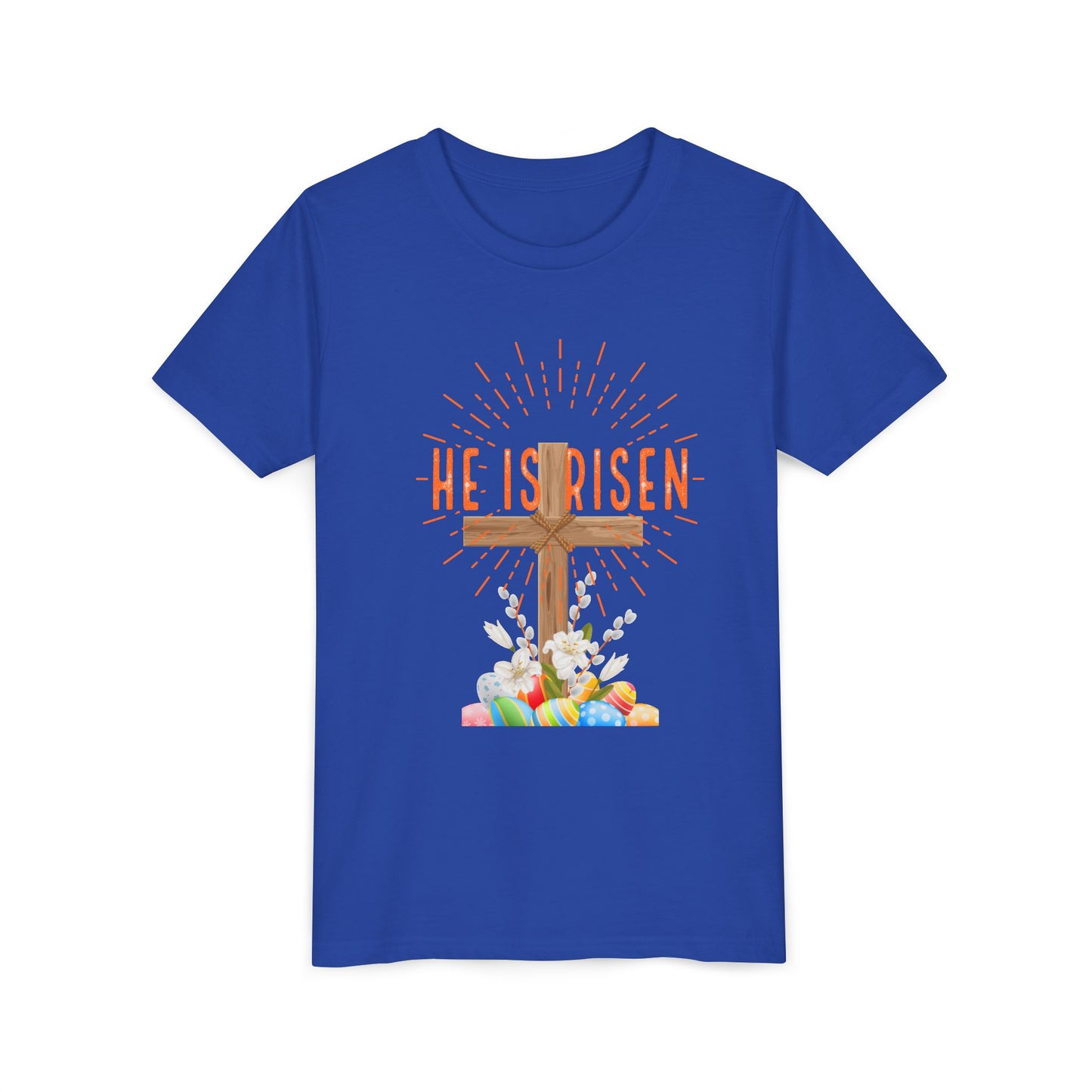 Youth Easter Tee — 'He Is Risen' Cross & 'Happy Easter' Pastel Kids Shirt