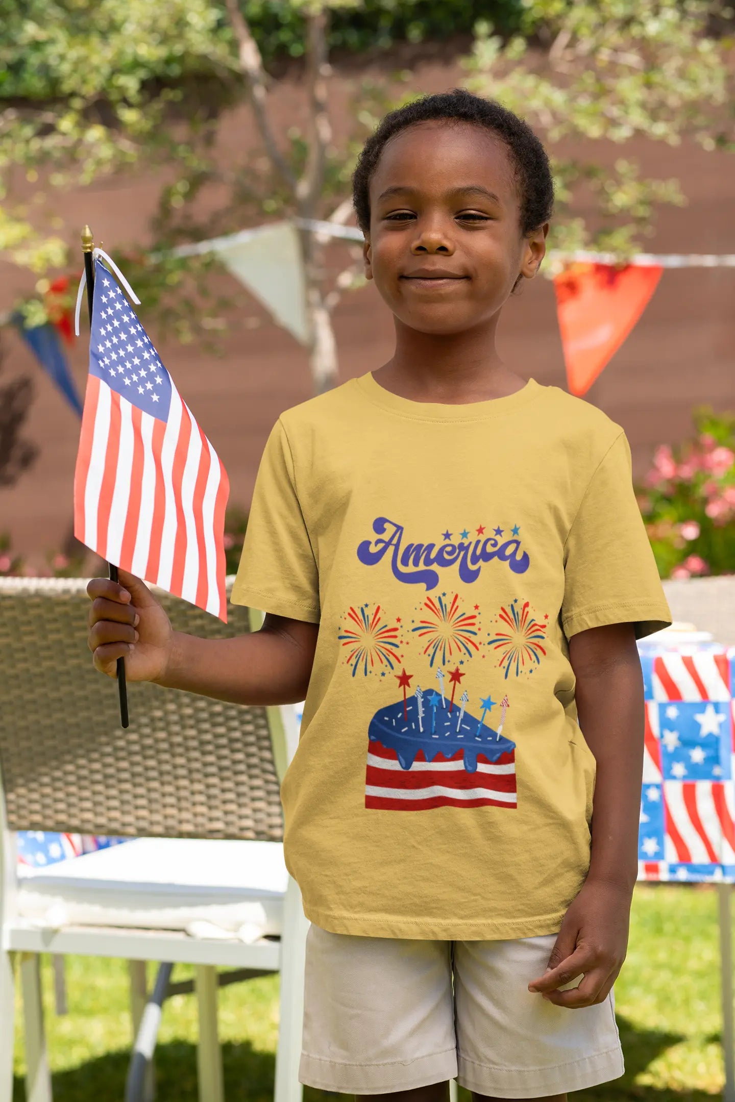 Celebrate Independence Day in style! Soft, print-on-demand 4th of July toddler tee featuring a festive flag cake and fireworks design. Sizes 2T–5T.