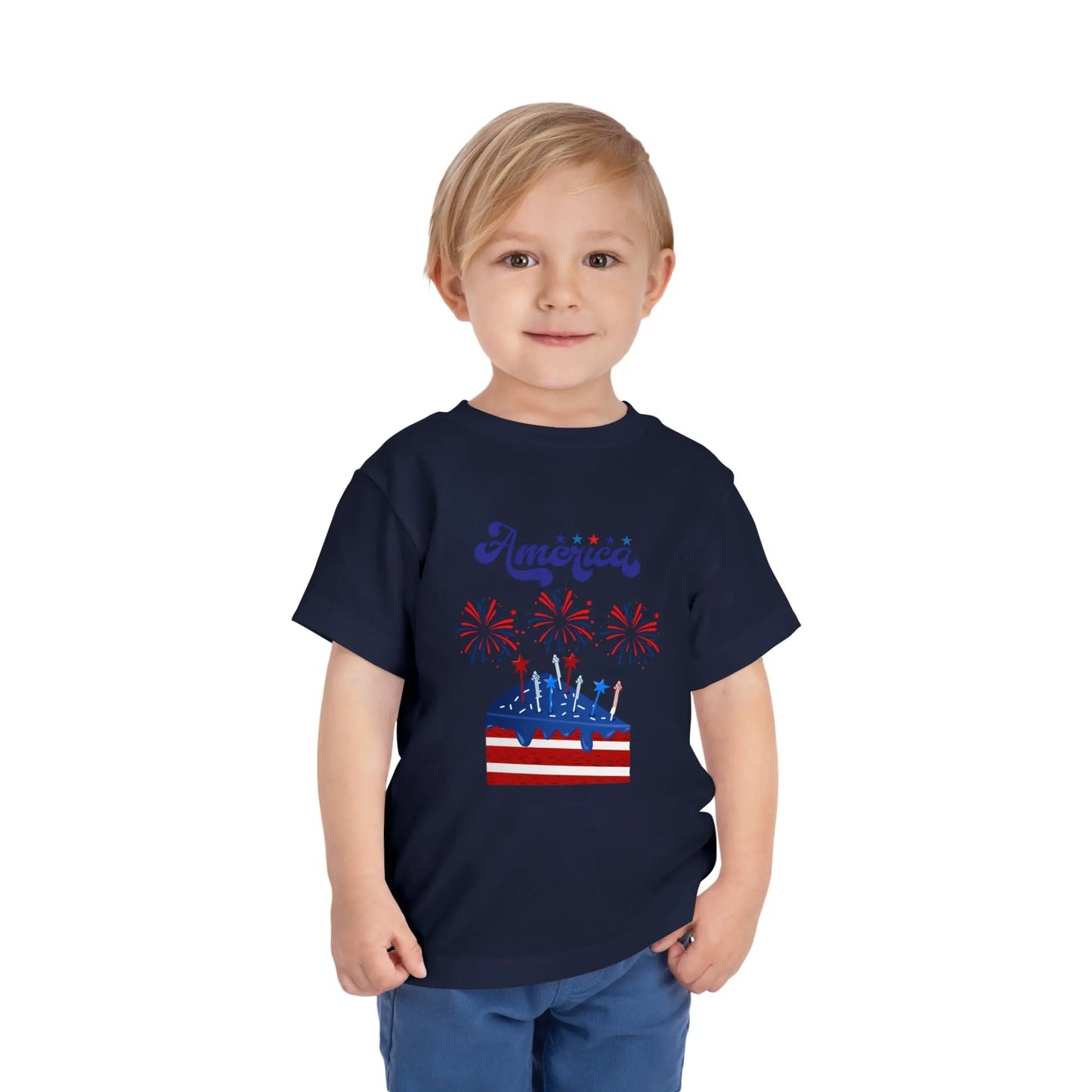 Celebrate Independence Day in style! Soft, print-on-demand 4th of July toddler tee featuring a festive flag cake and fireworks design. Sizes 2T–5T. Black