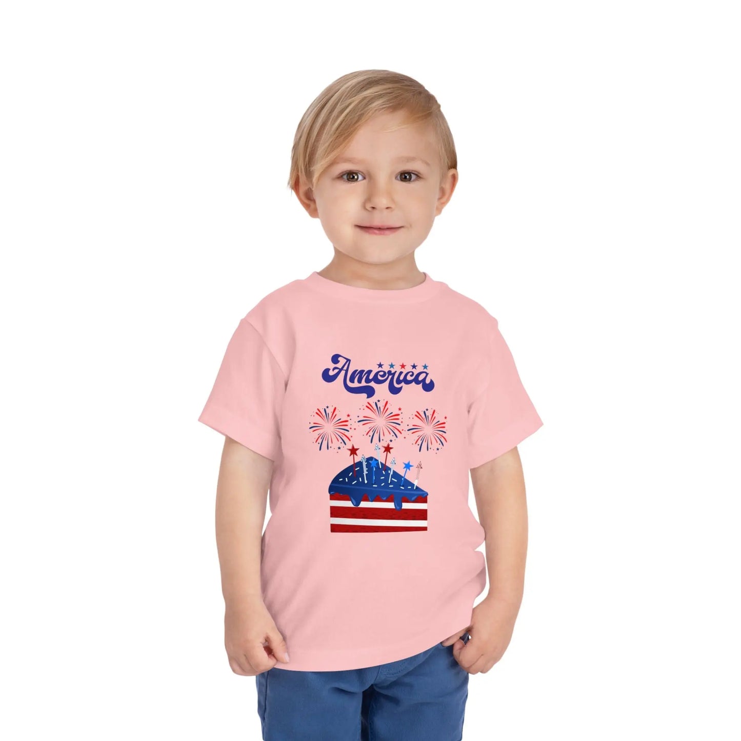 Celebrate Independence Day in style! Soft, print-on-demand 4th of July toddler tee featuring a festive flag cake and fireworks design. Sizes 2T–5T. Pink