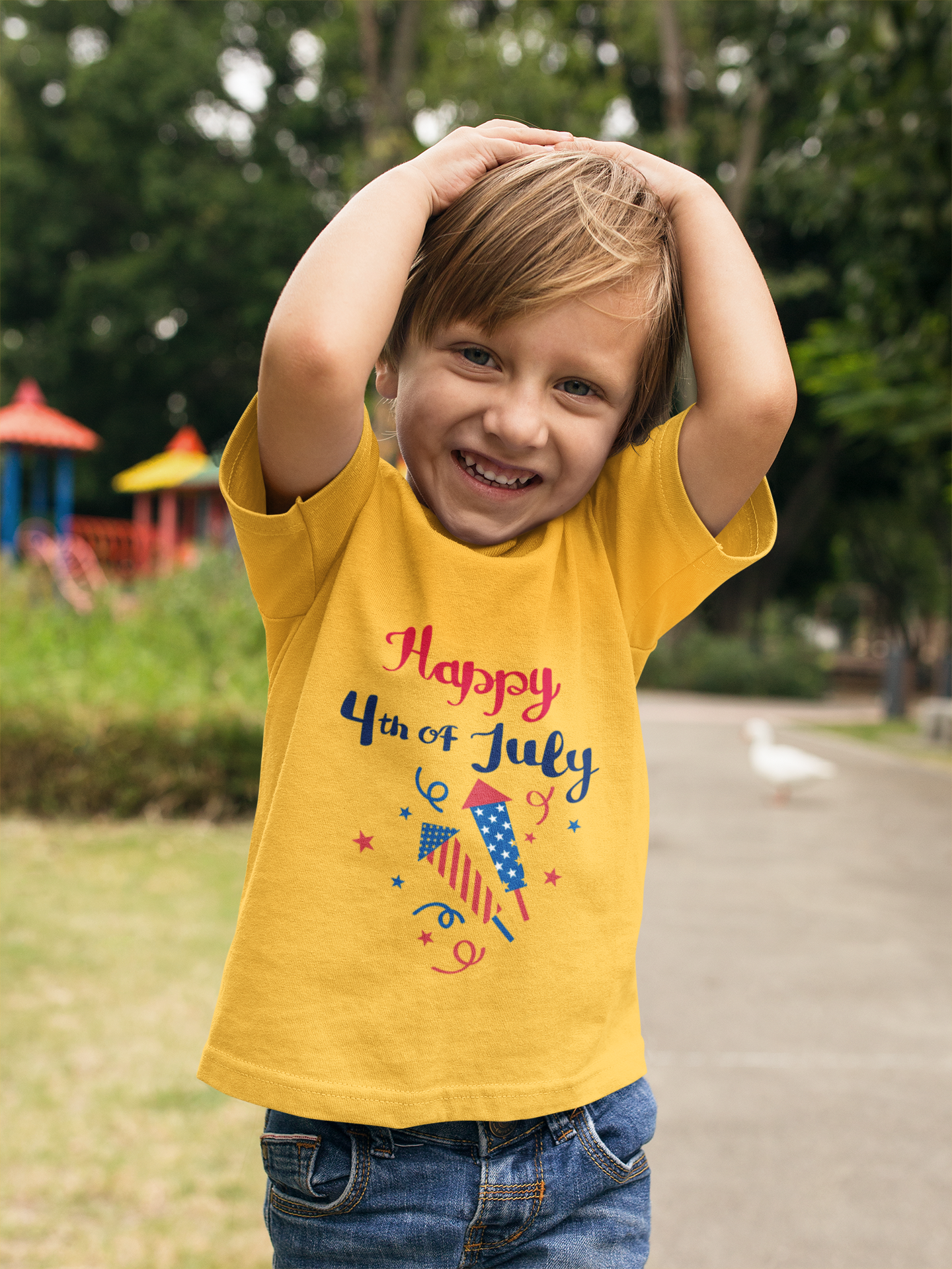 Soft, lightweight patriotic tee for toddlers 2T–5T. Perfect for 4th of July barbecues and parades. Red, white & blue firecracker design kids will love.