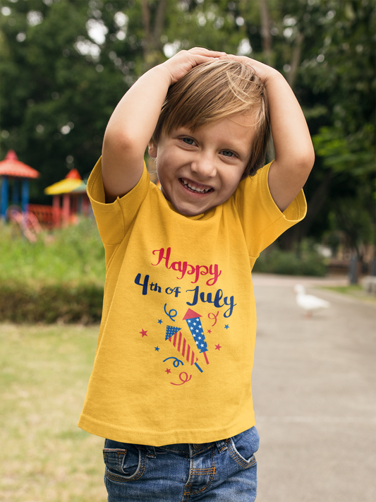 Soft, lightweight patriotic tee for toddlers 2T–5T. Perfect for 4th of July barbecues and parades. Red, white & blue firecracker design kids will love.