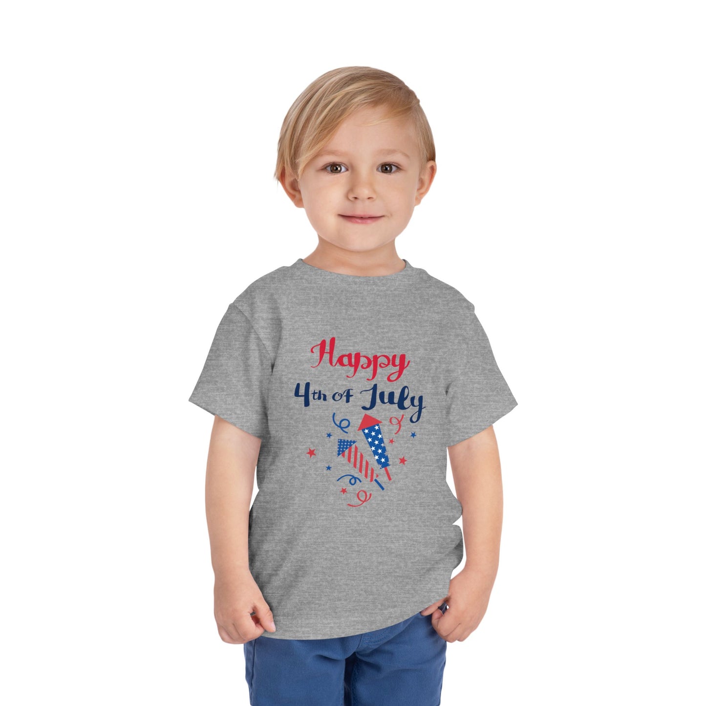 Soft, lightweight patriotic tee for toddlers 2T–5T. Perfect for 4th of July barbecues and parades. Red, white & blue firecracker design kids will love. Athletic Heather