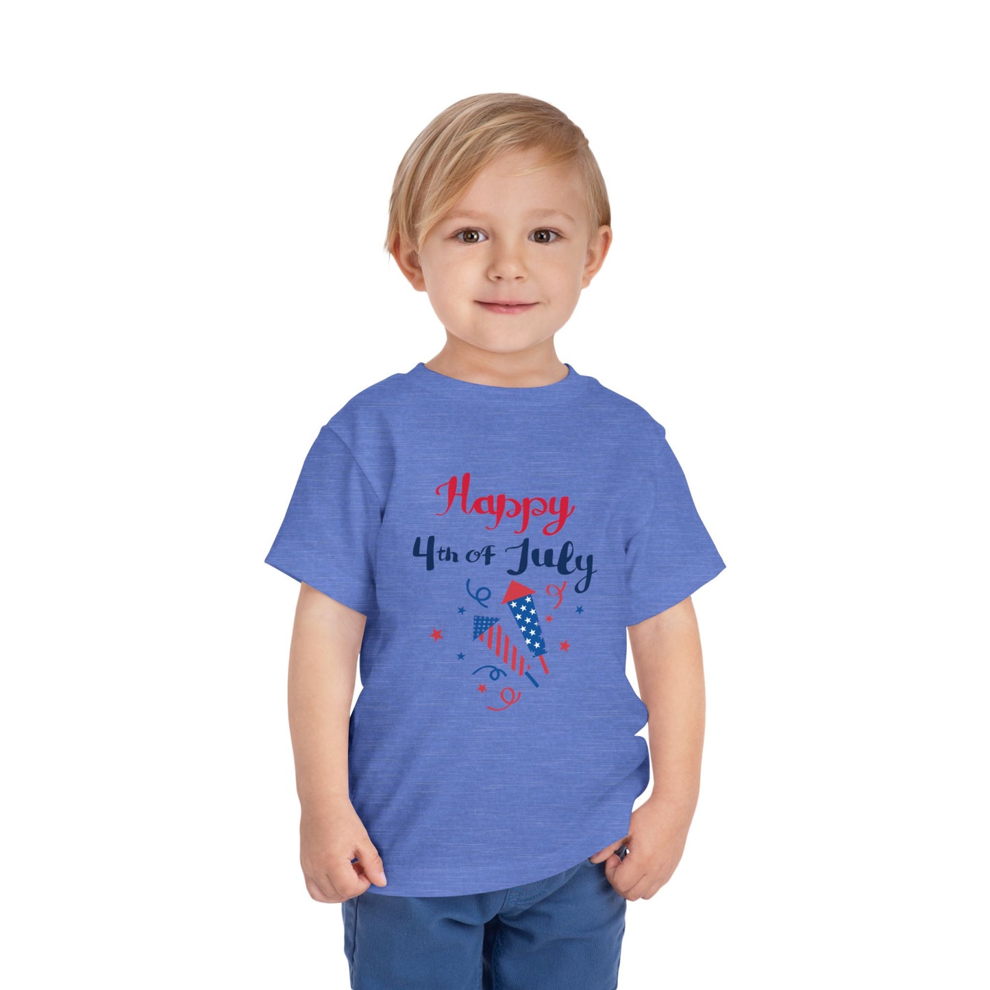 Soft, lightweight patriotic tee for toddlers 2T–5T. Perfect for 4th of July barbecues and parades. Red, white & blue firecracker design kids will love. Heather Columbia Blue