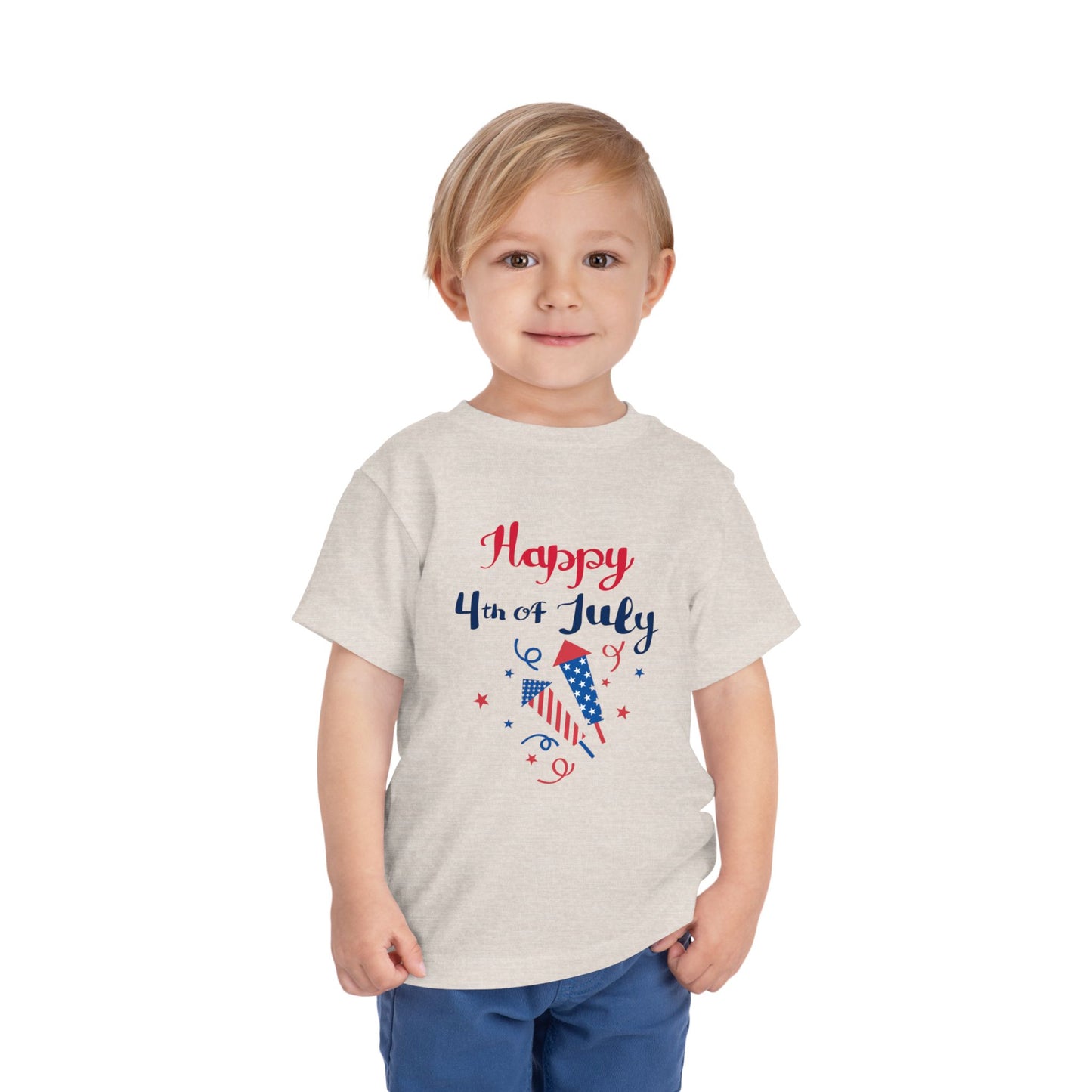 Soft, lightweight patriotic tee for toddlers 2T–5T. Perfect for 4th of July barbecues and parades. Red, white & blue firecracker design kids will love. Heather Dust