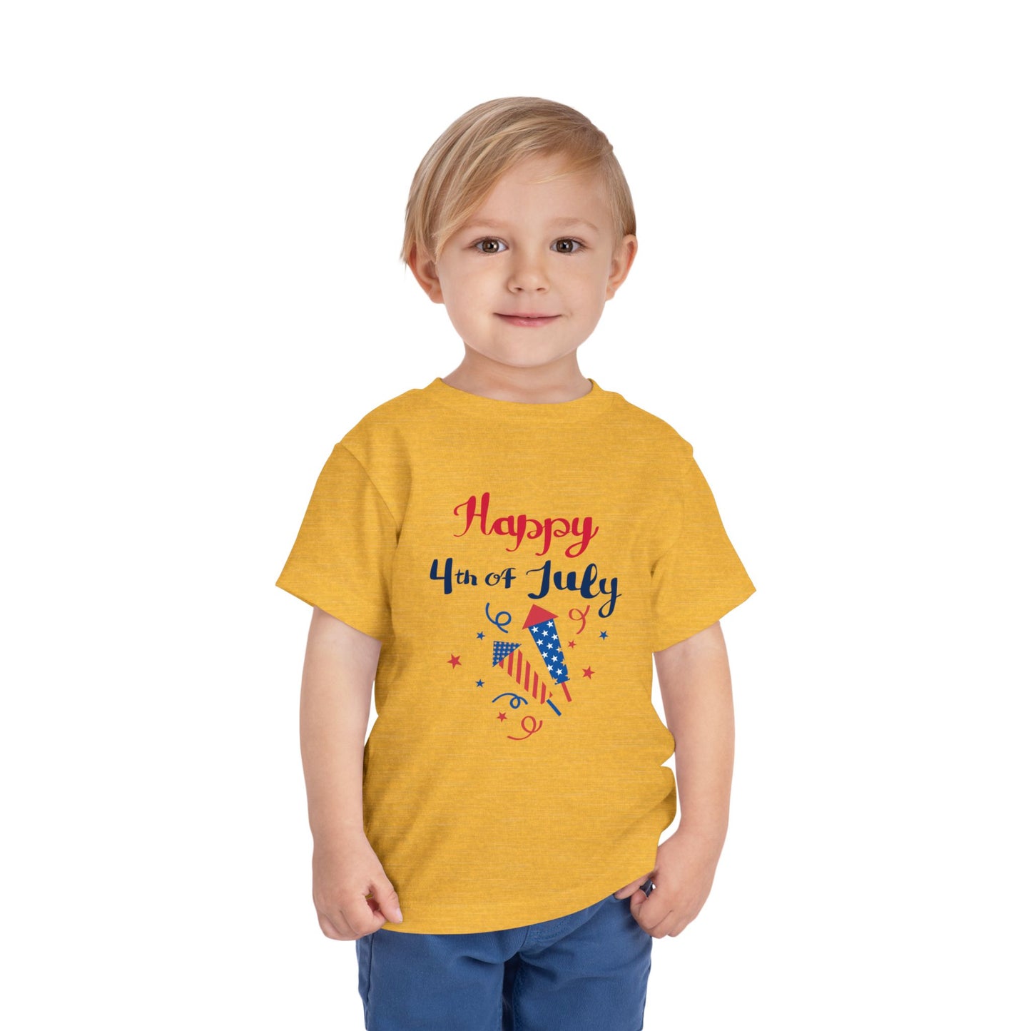 Soft, lightweight patriotic tee for toddlers 2T–5T. Perfect for 4th of July barbecues and parades. Red, white & blue firecracker design kids will love. Heather Yellow Gold