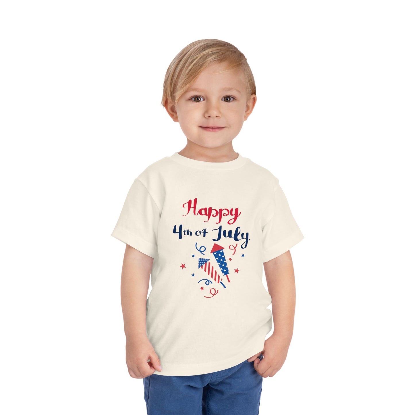 Soft, lightweight patriotic tee for toddlers 2T–5T. Perfect for 4th of July barbecues and parades. Red, white & blue firecracker design kids will love. Natural