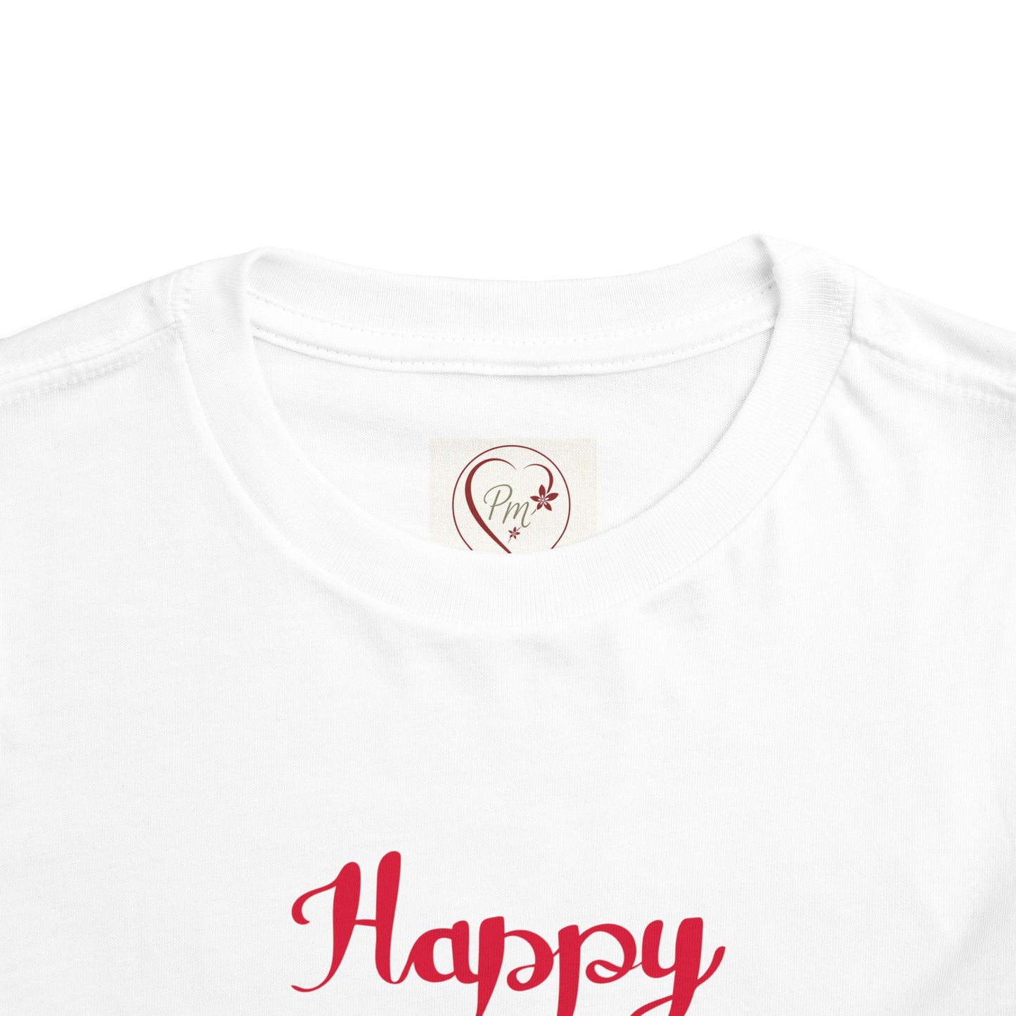 White shirt with a PM Creations 25 Logo on the neckline.