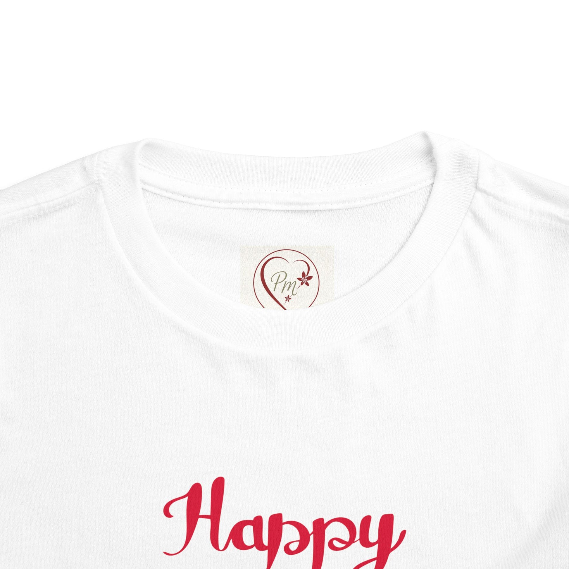 White shirt with a PM Creations 25 Logo on the neckline.