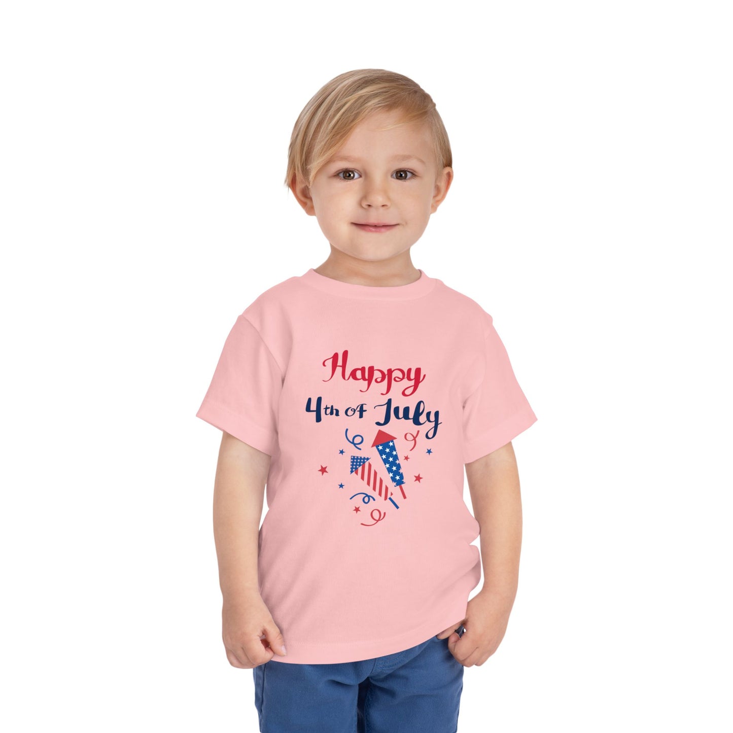 Soft, lightweight patriotic tee for toddlers 2T–5T. Perfect for 4th of July barbecues and parades. Red, white & blue firecracker design kids will love. Pink