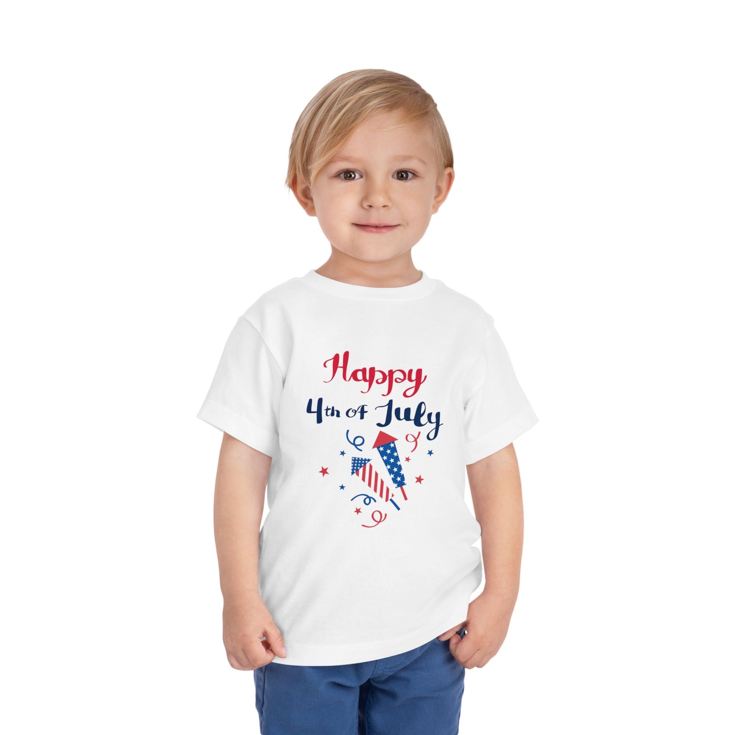 Soft, lightweight patriotic tee for toddlers 2T–5T. Perfect for 4th of July barbecues and parades. Red, white & blue firecracker design kids will love. White