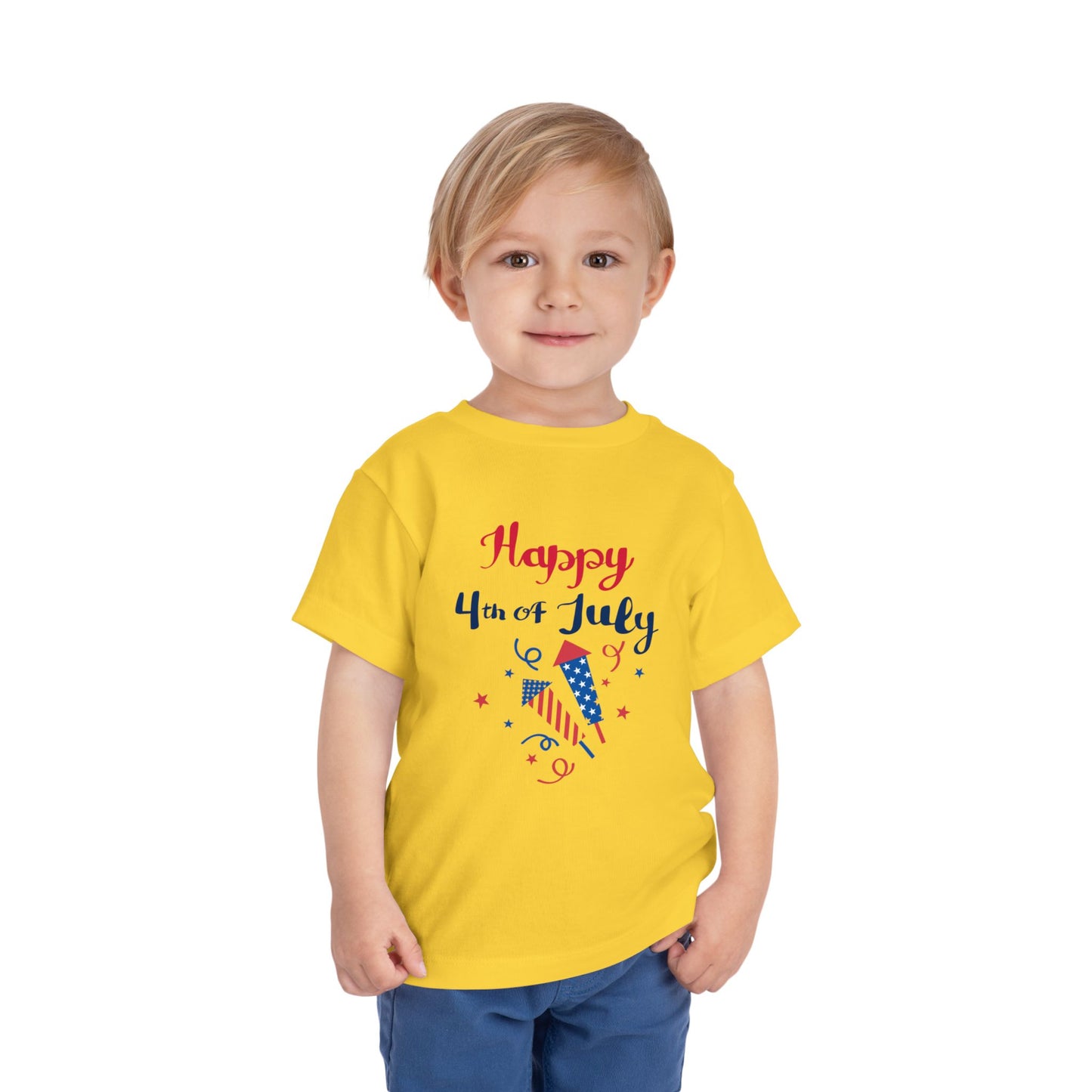 Soft, lightweight patriotic tee for toddlers 2T–5T. Perfect for 4th of July barbecues and parades. Red, white & blue firecracker design kids will love. Yellow