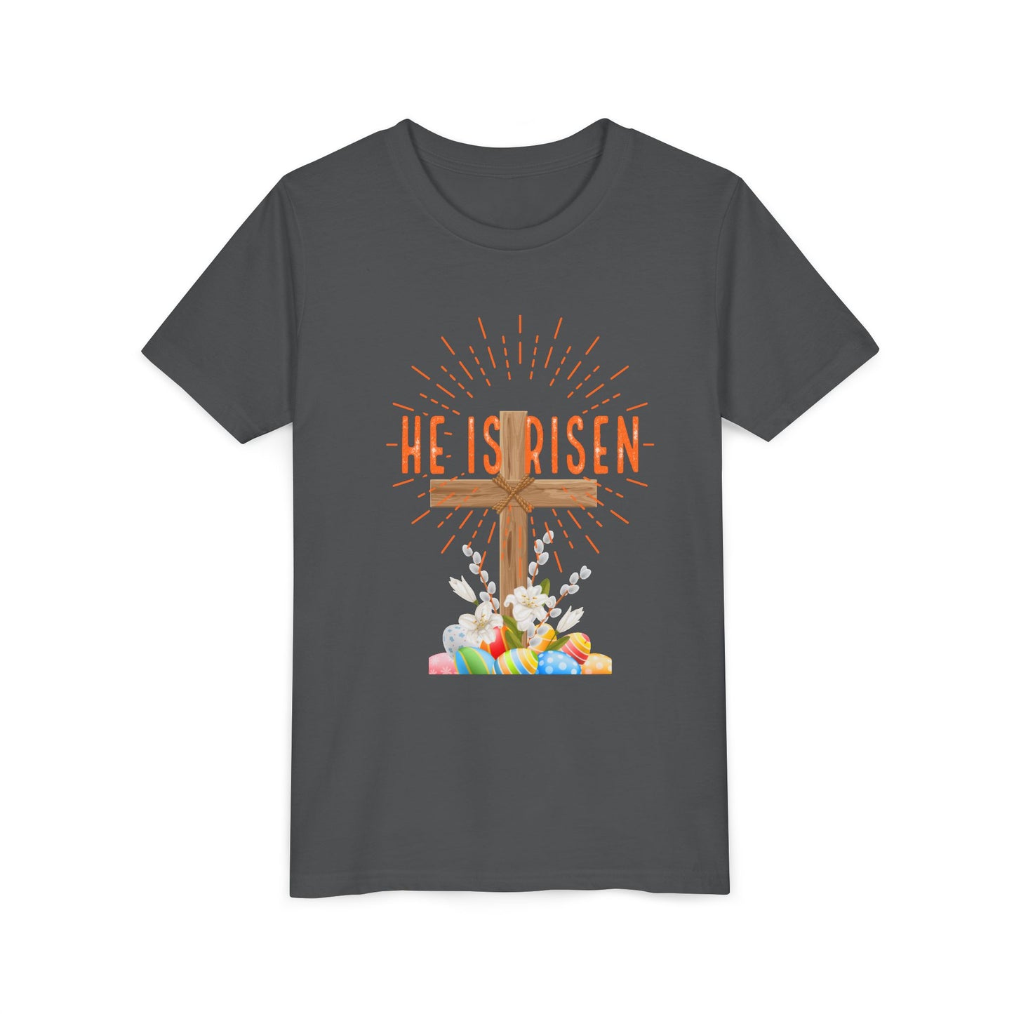 Youth Easter Tee — 'He Is Risen' Cross & 'Happy Easter' Pastel Kids Shirt