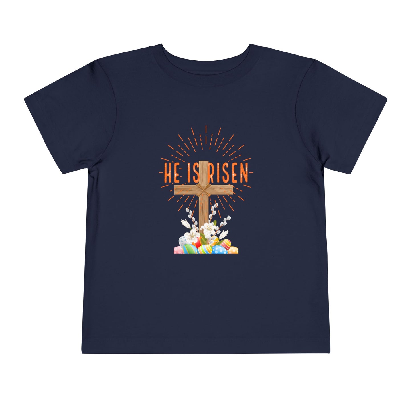 Toddler Tee — "He Is Risen" Easter Cross & Happy Easter Pastel Design