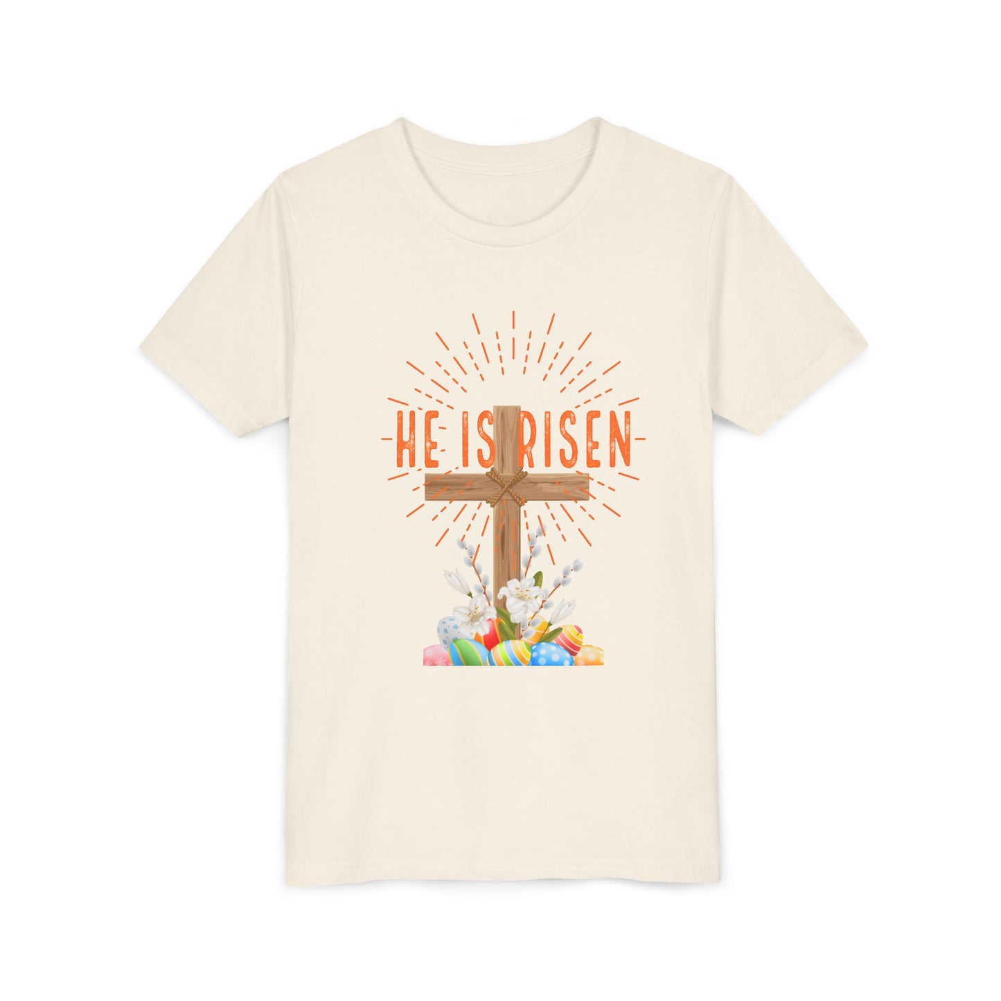 Youth Easter Tee — 'He Is Risen' Cross & 'Happy Easter' Pastel Kids Shirt