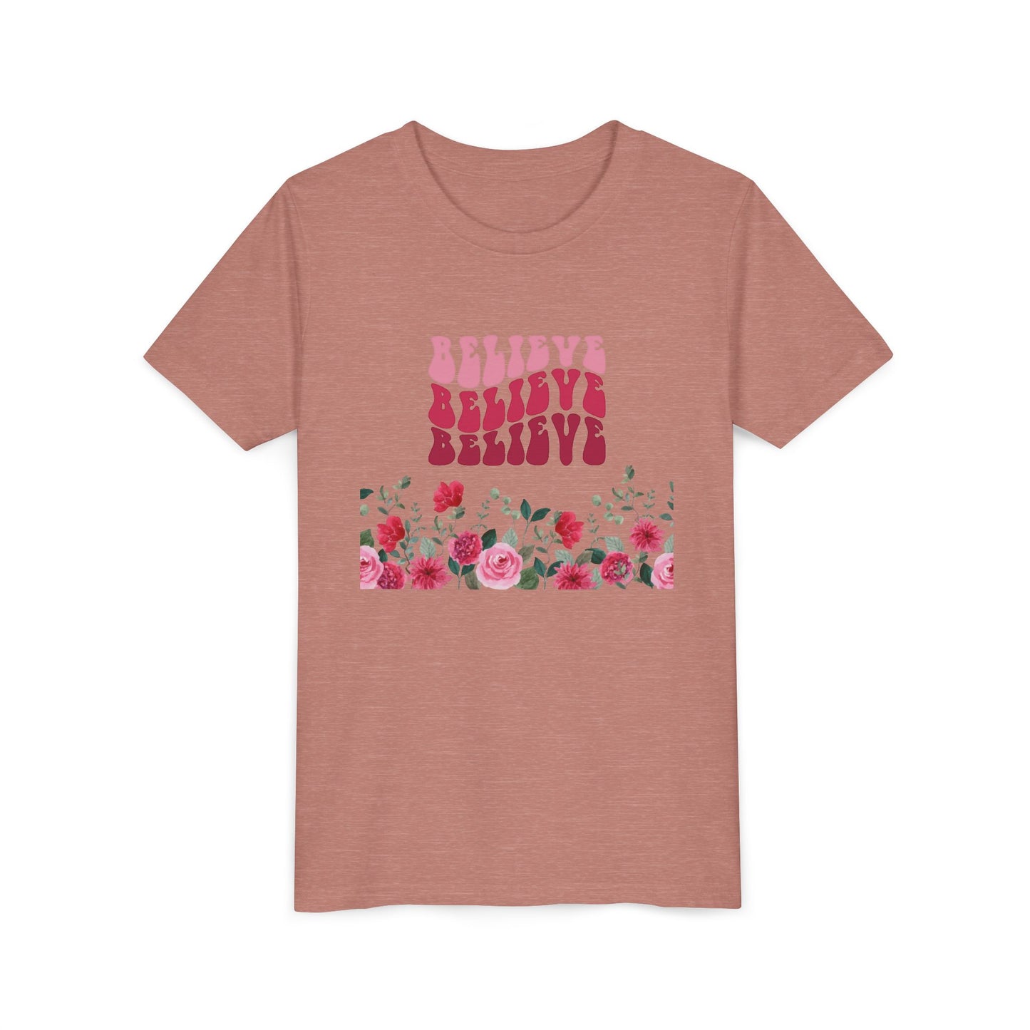 Youth Tee-- "Believe" Floral Graphic Christian Worship Shirt