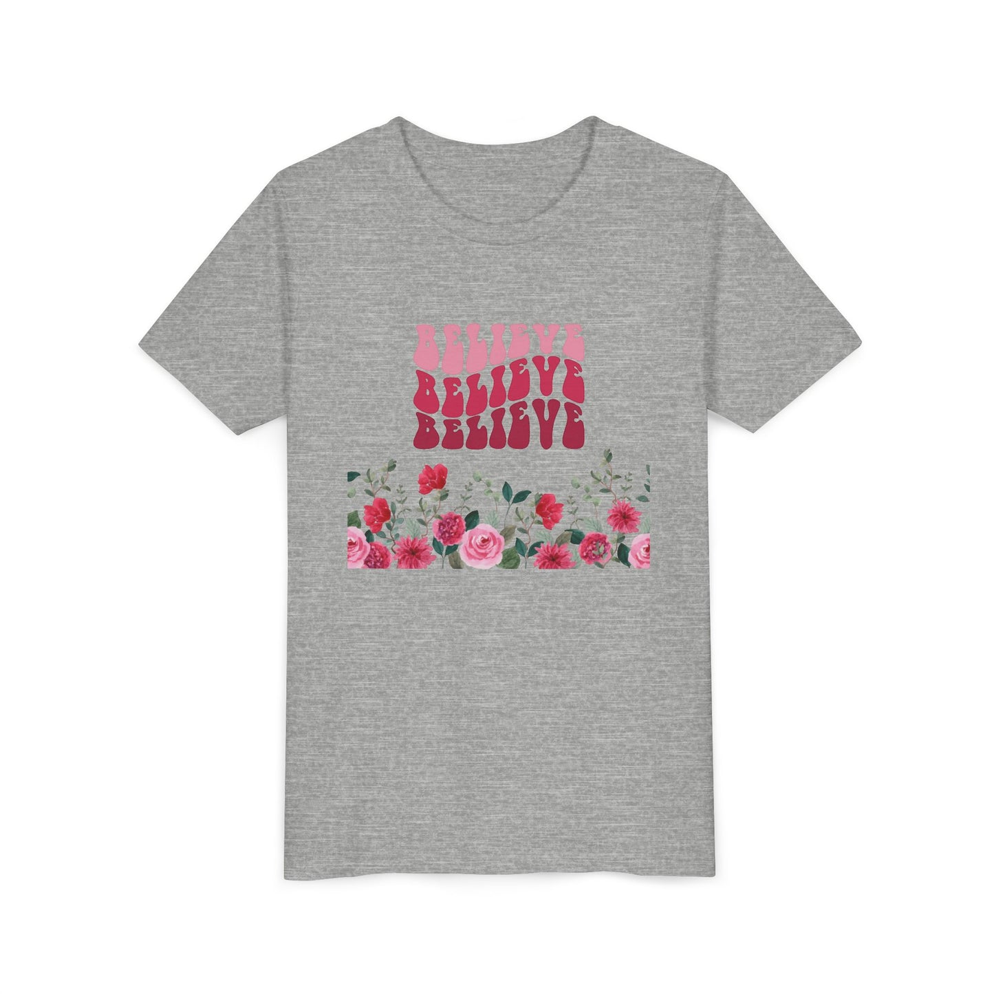 Youth Tee-- "Believe" Floral Graphic Christian Worship Shirt