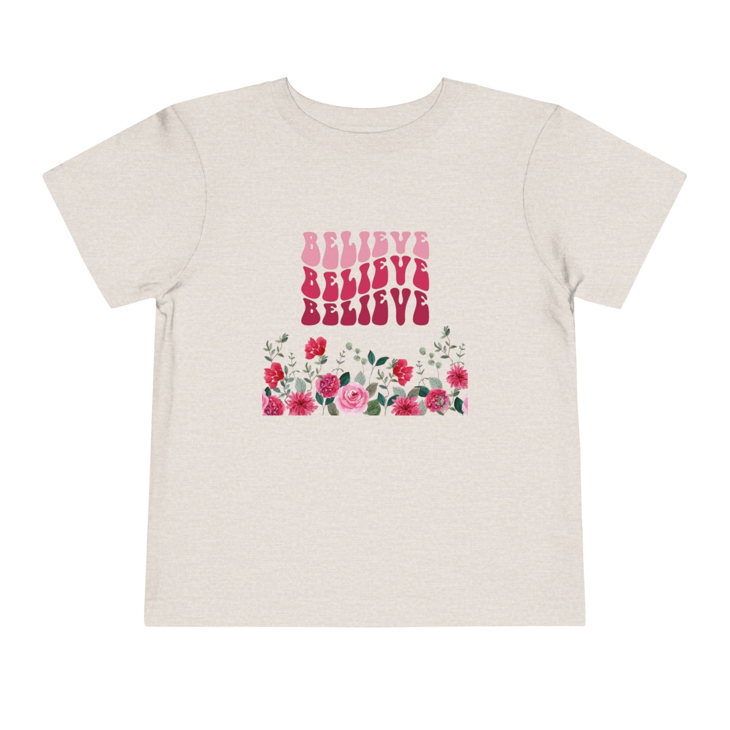 Believe Floral Toddler Tee — Pink Retro Script & Rose Bouquet