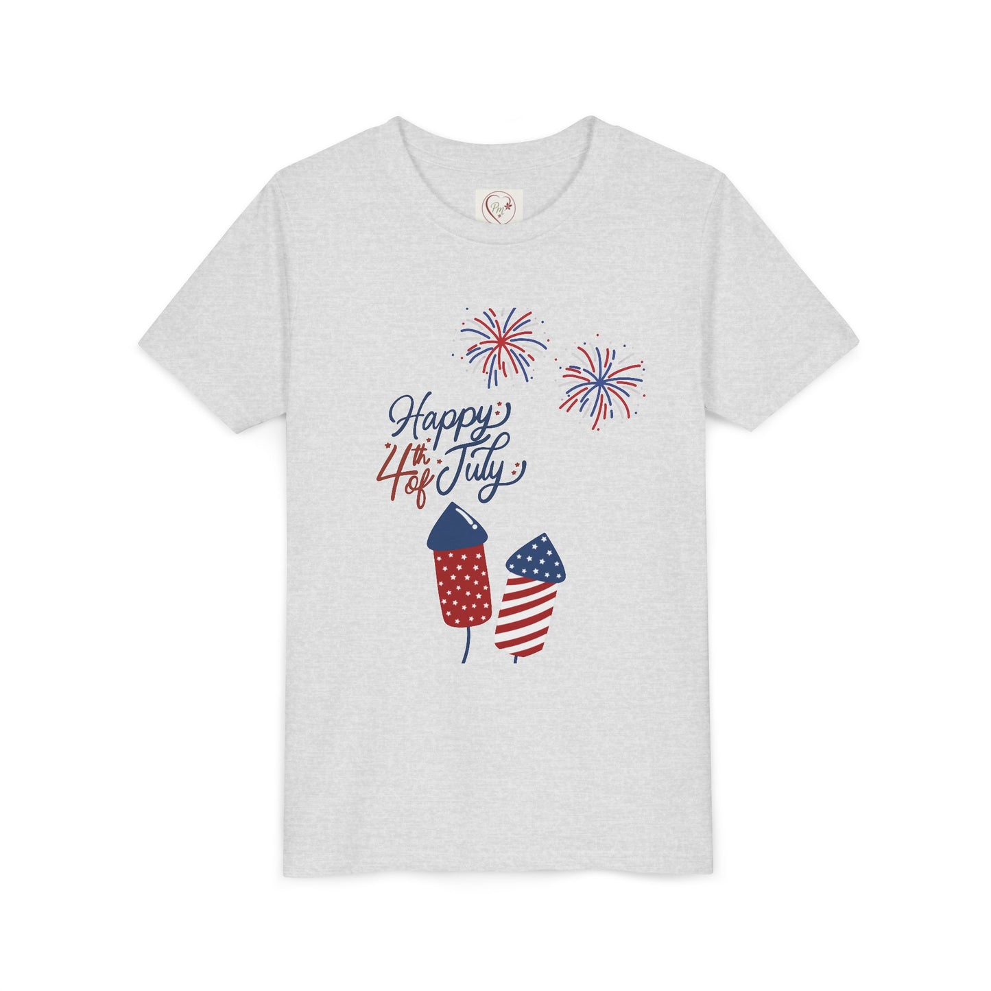 Youth Tee – “Happy 4th of July” Fireworks & American Flag Rocket Kids Shirt