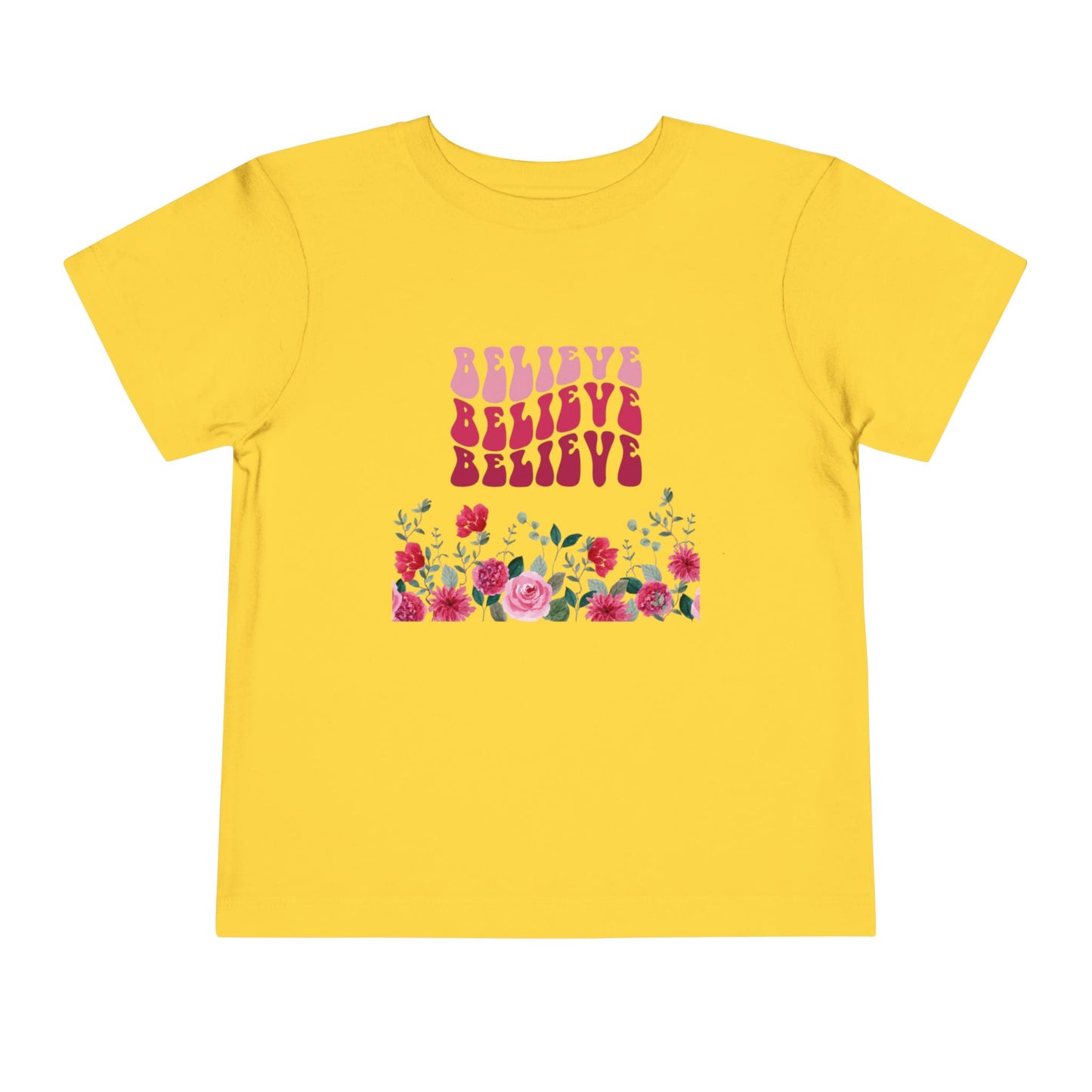 Believe Floral Toddler Tee — Pink Retro Script & Rose Bouquet