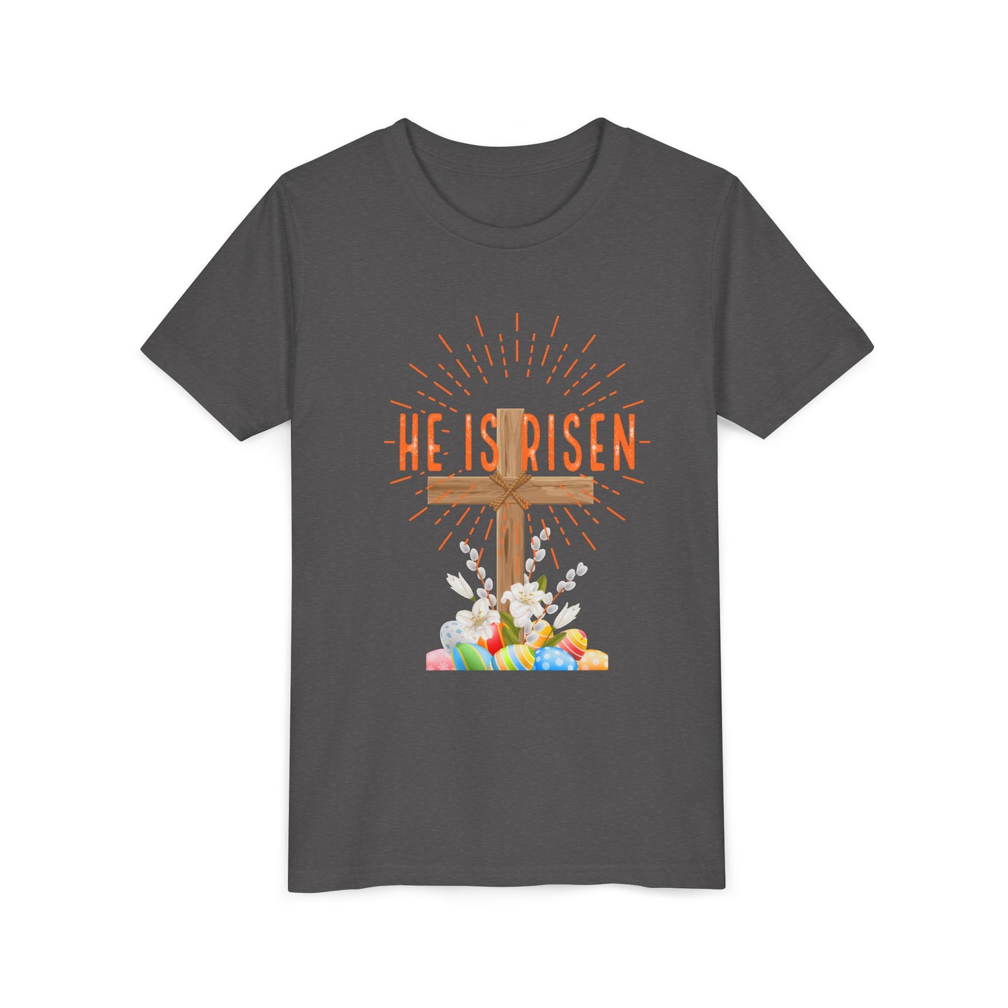 Youth Easter Tee — 'He Is Risen' Cross & 'Happy Easter' Pastel Kids Shirt