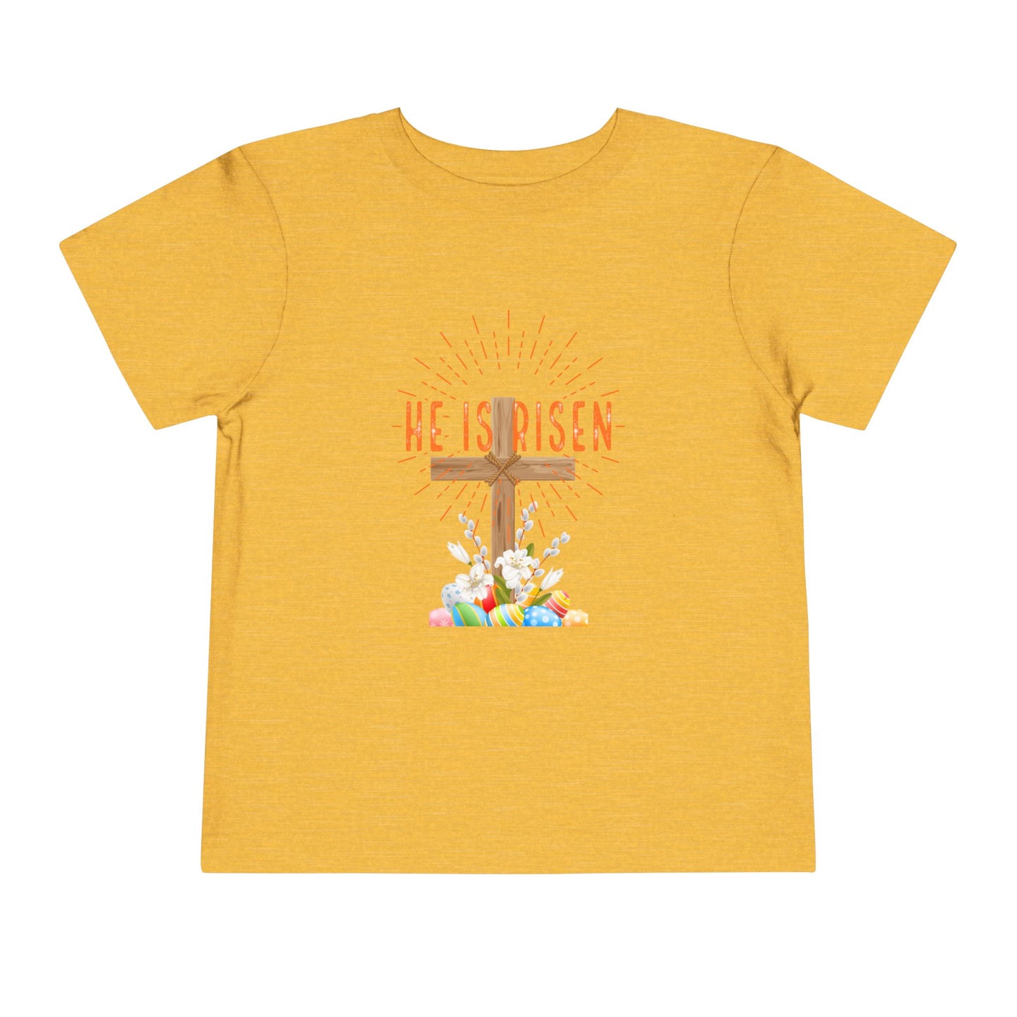 Toddler Tee — "He Is Risen" Easter Cross & Happy Easter Pastel Design
