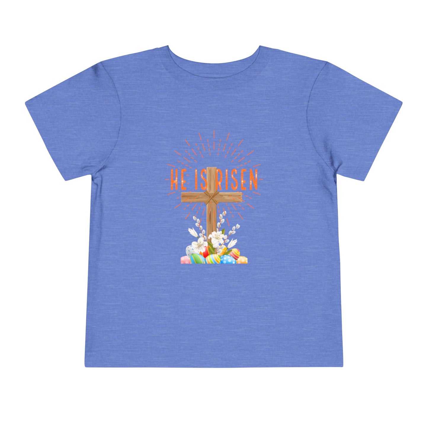 Toddler Tee — "He Is Risen" Easter Cross & Happy Easter Pastel Design