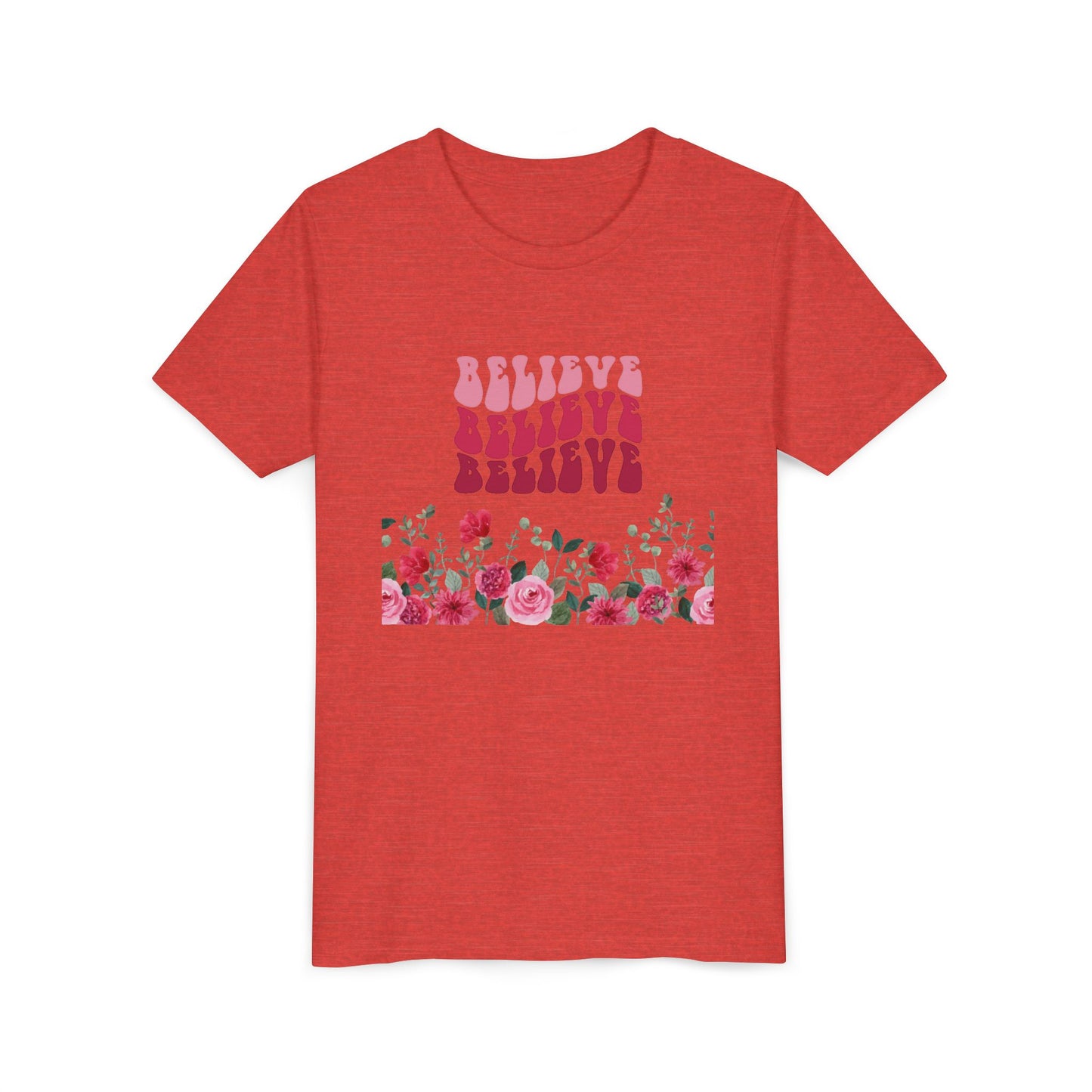 Youth Tee-- "Believe" Floral Graphic Christian Worship Shirt
