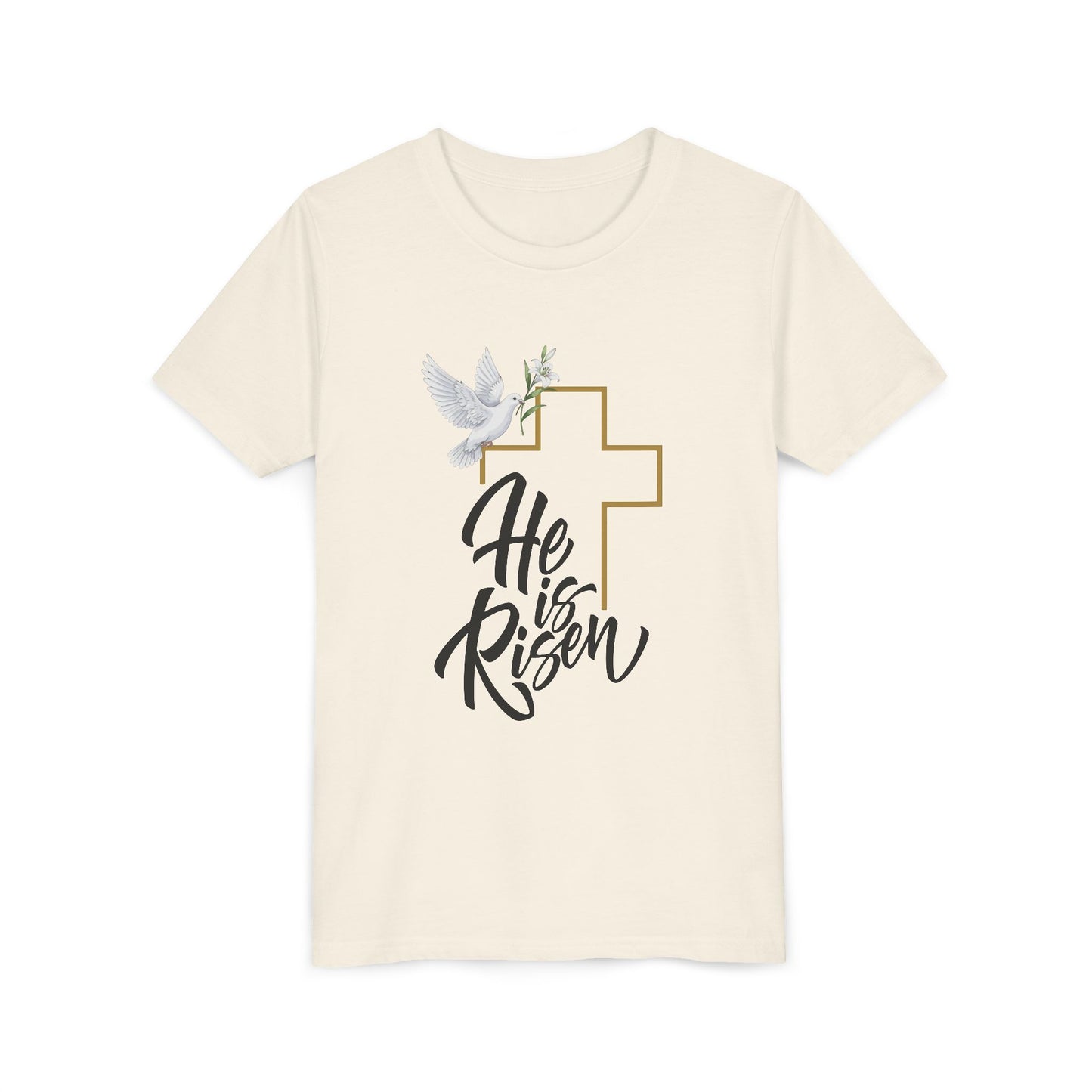 He Is Risen Youth Tee — Easter Cross & Dove Christian Kids Shirt