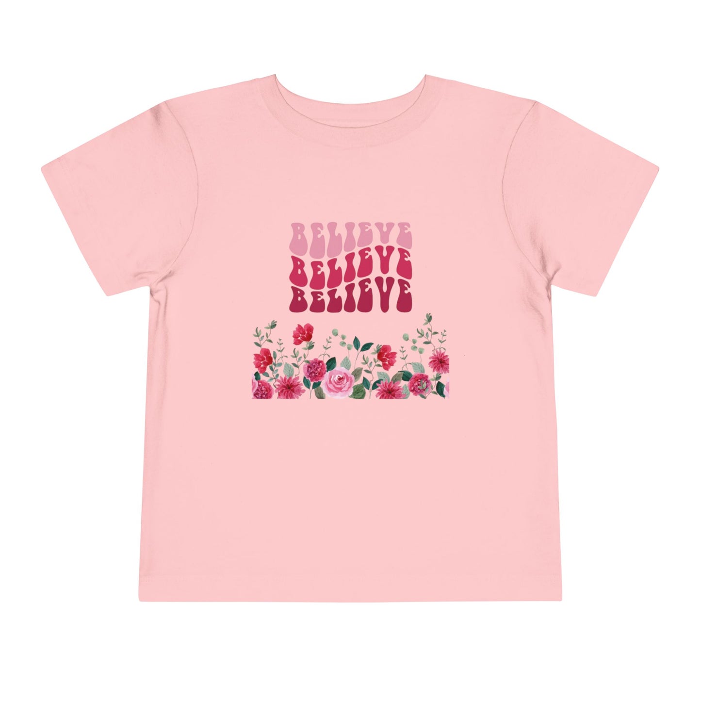 Believe Floral Toddler Tee — Pink Retro Script & Rose Bouquet