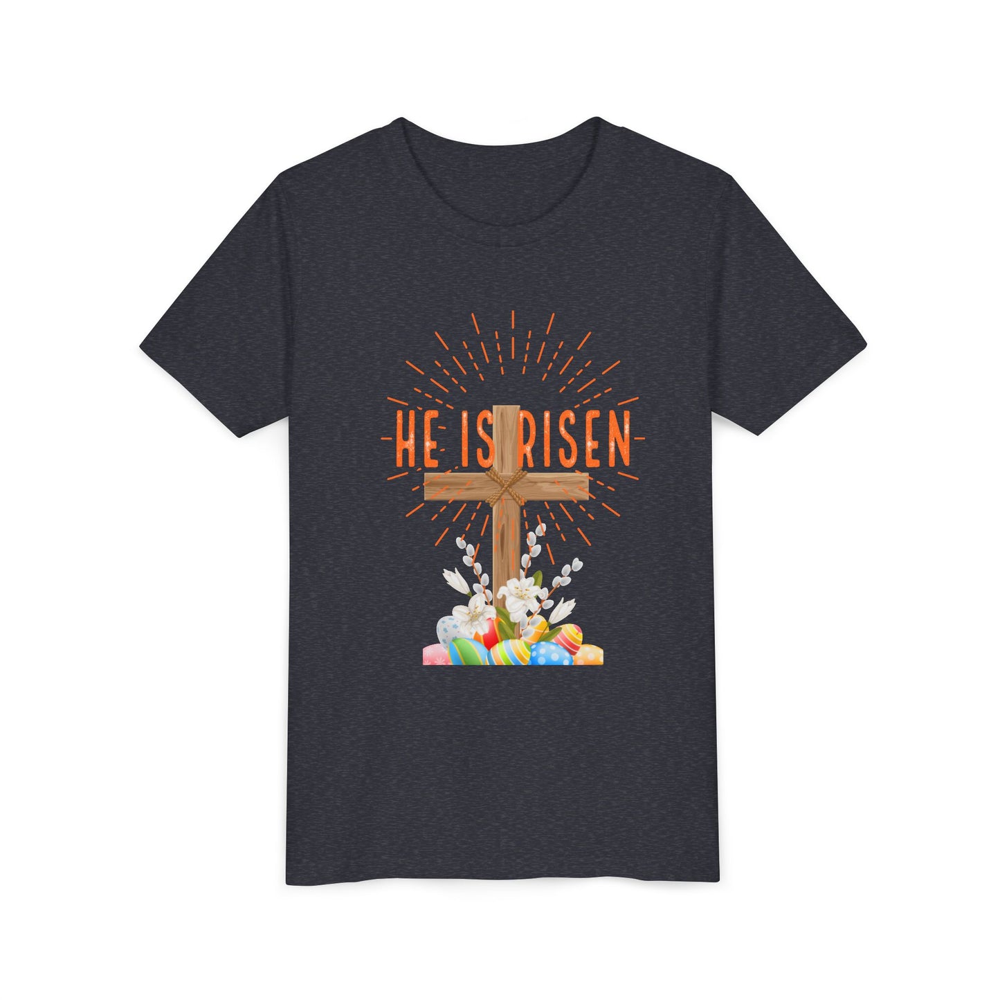 Youth Easter Tee — 'He Is Risen' Cross & 'Happy Easter' Pastel Kids Shirt