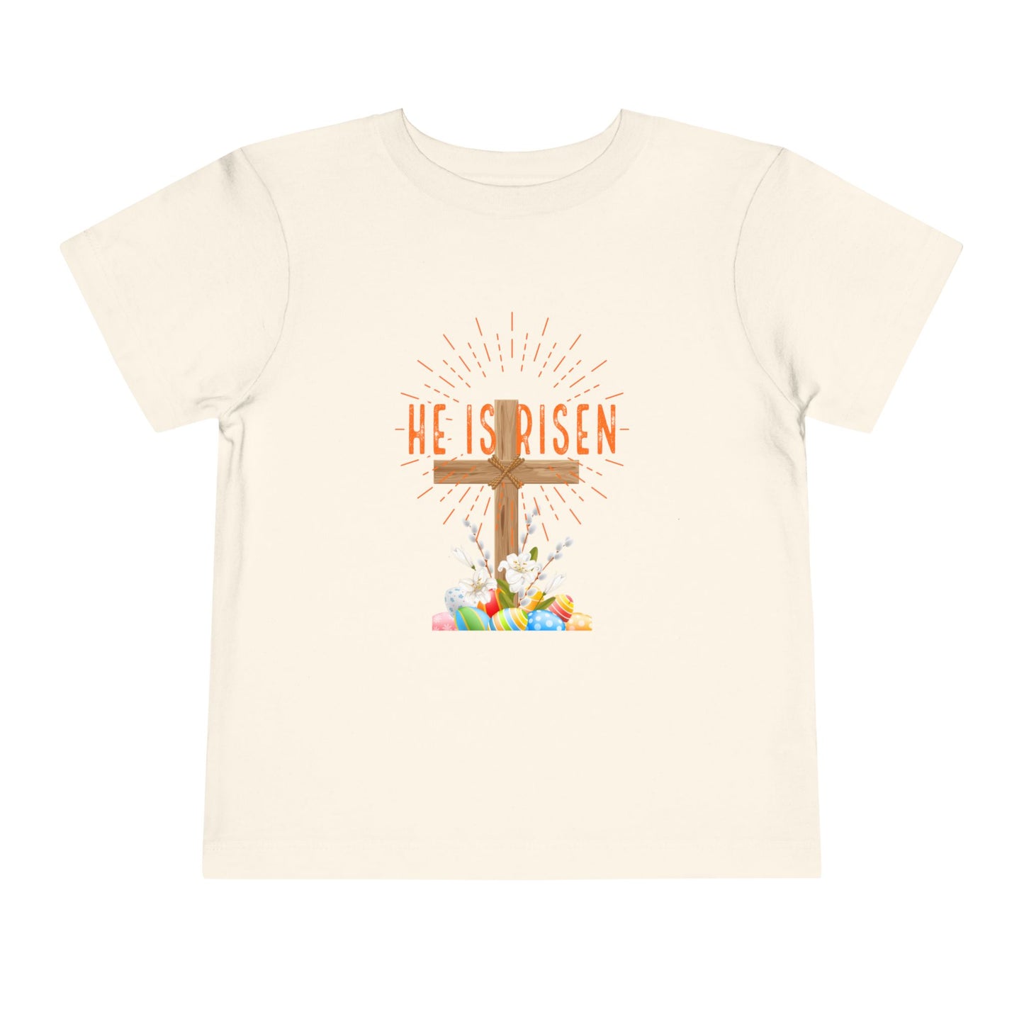 Toddler Tee — "He Is Risen" Easter Cross & Happy Easter Pastel Design