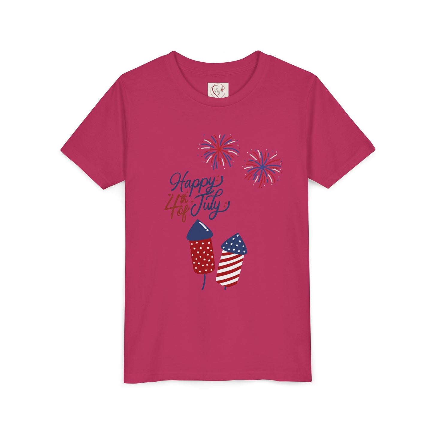 Youth Tee – “Happy 4th of July” Fireworks & American Flag Rocket Kids Shirt