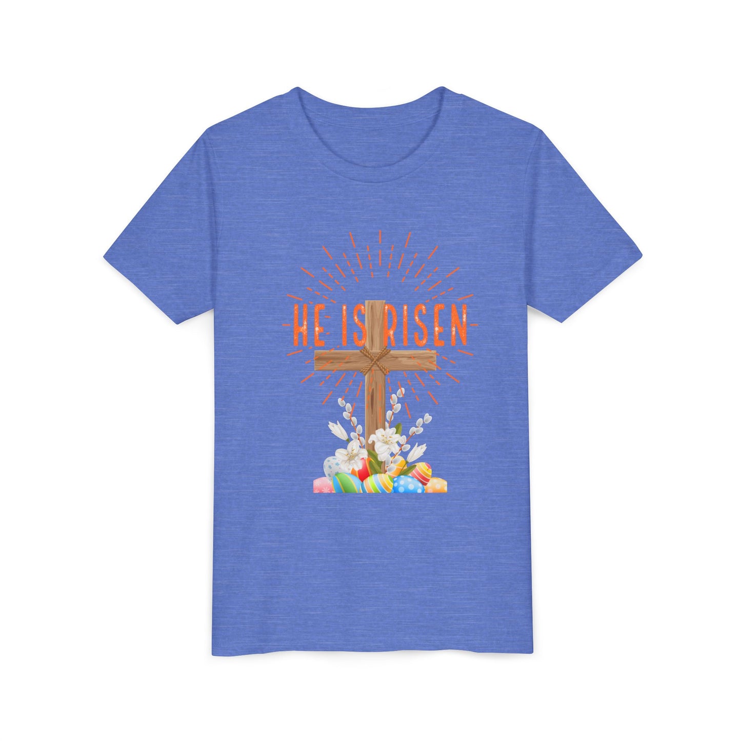 Youth Easter Tee — 'He Is Risen' Cross & 'Happy Easter' Pastel Kids Shirt