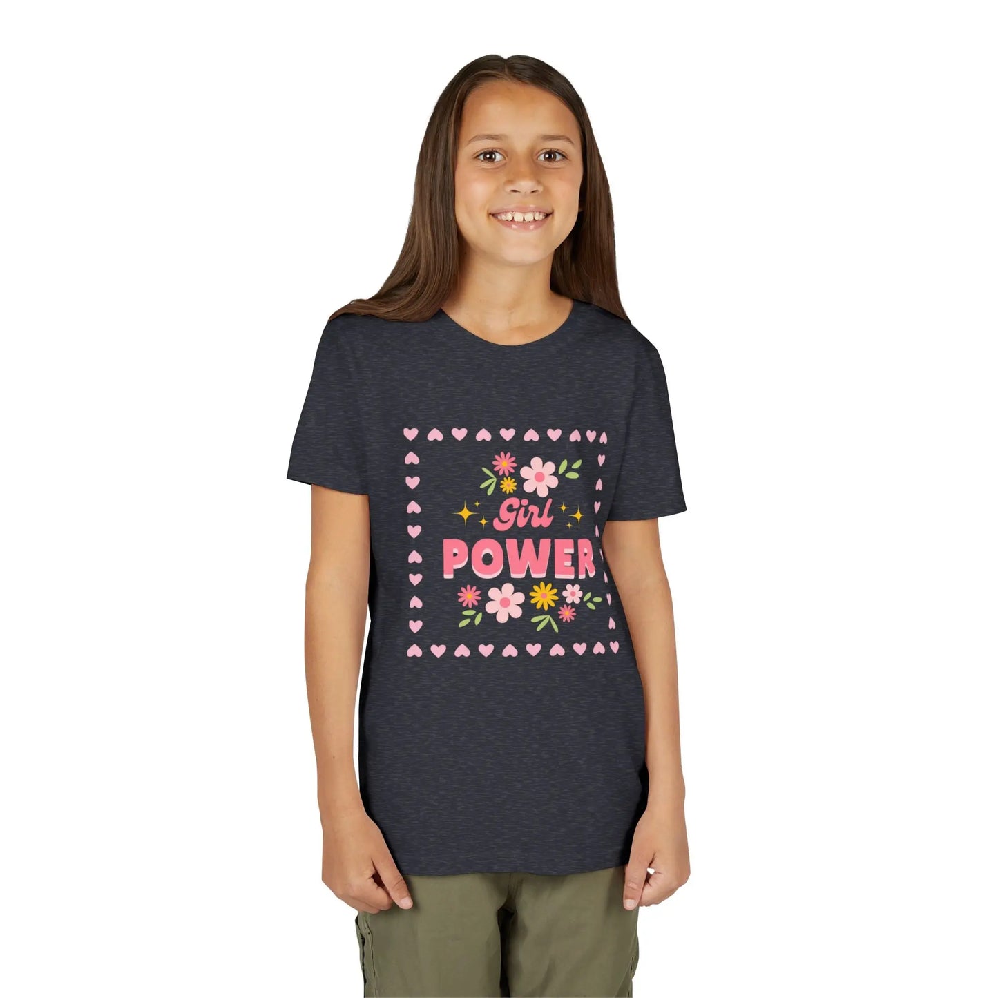 Girl wearing a Heather Navy soft youth tee with a floral Girl Power design in pink. Lightweight Bella+Canvas, sizes S–XL. Perfect for school, playdates & gifting.