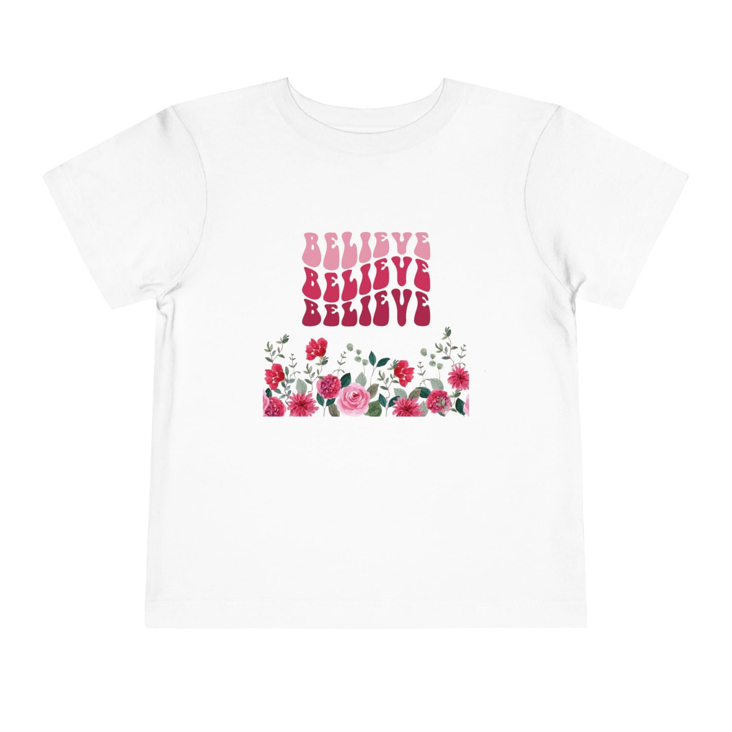 Believe Floral Toddler Tee — Pink Retro Script & Rose Bouquet