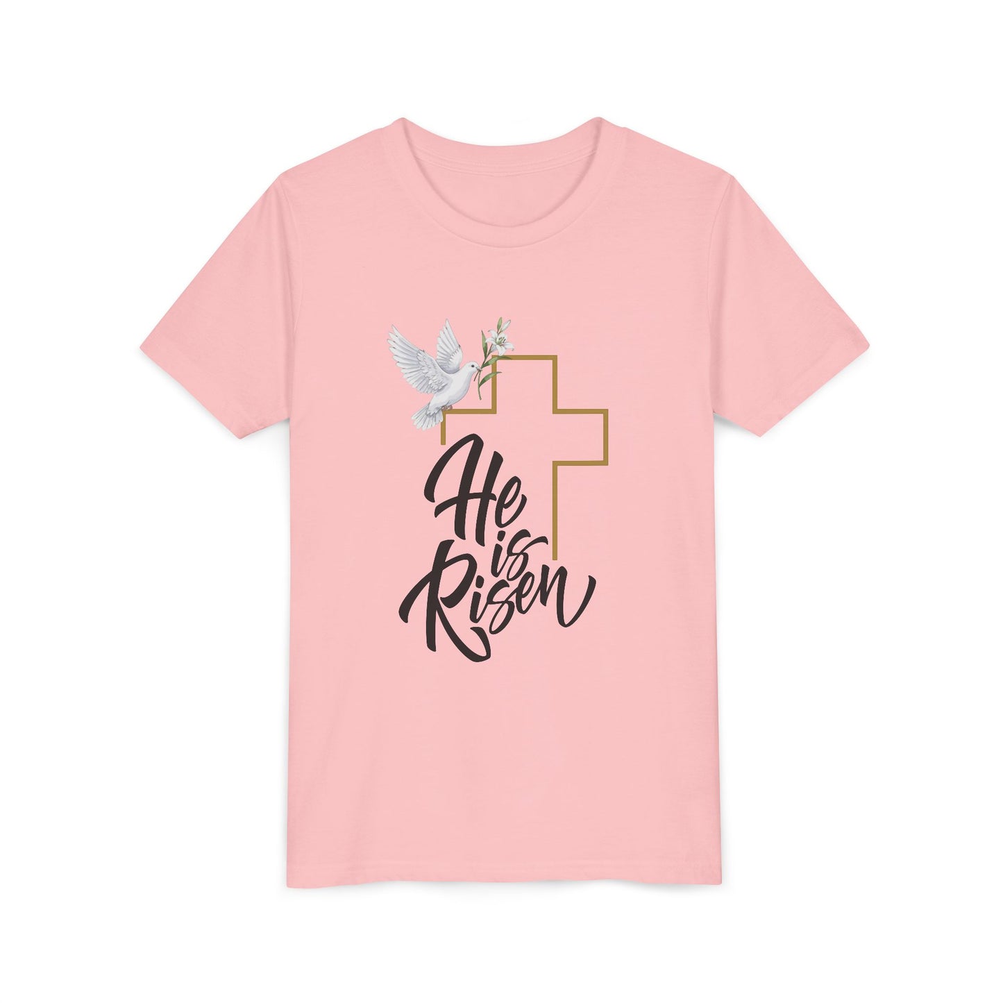 He Is Risen Youth Tee — Easter Cross & Dove Christian Kids Shirt